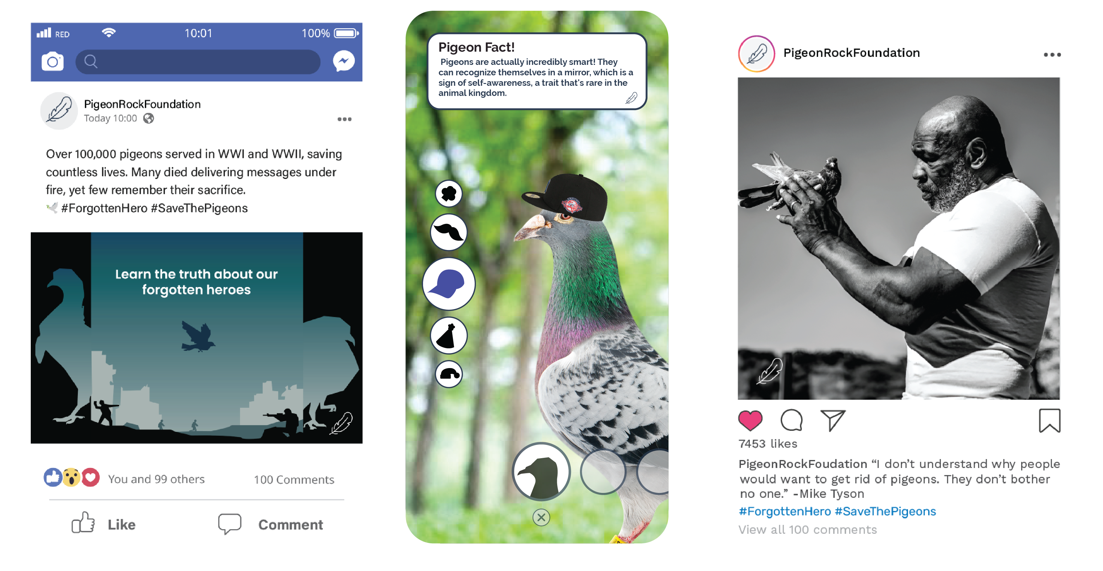 Three social media posts by PigeonRockFoundation: left, a Facebook post about pigeons as WWI and WWII heroes with a graphic silhouette of soldiers and pigeons; center, a colorful pigeon with interactive customization icons and a pigeon fact about their self-awareness; right, a black-and-white Instagram photo of a man holding a pigeon with a quote from Mike Tyson about pigeons.
