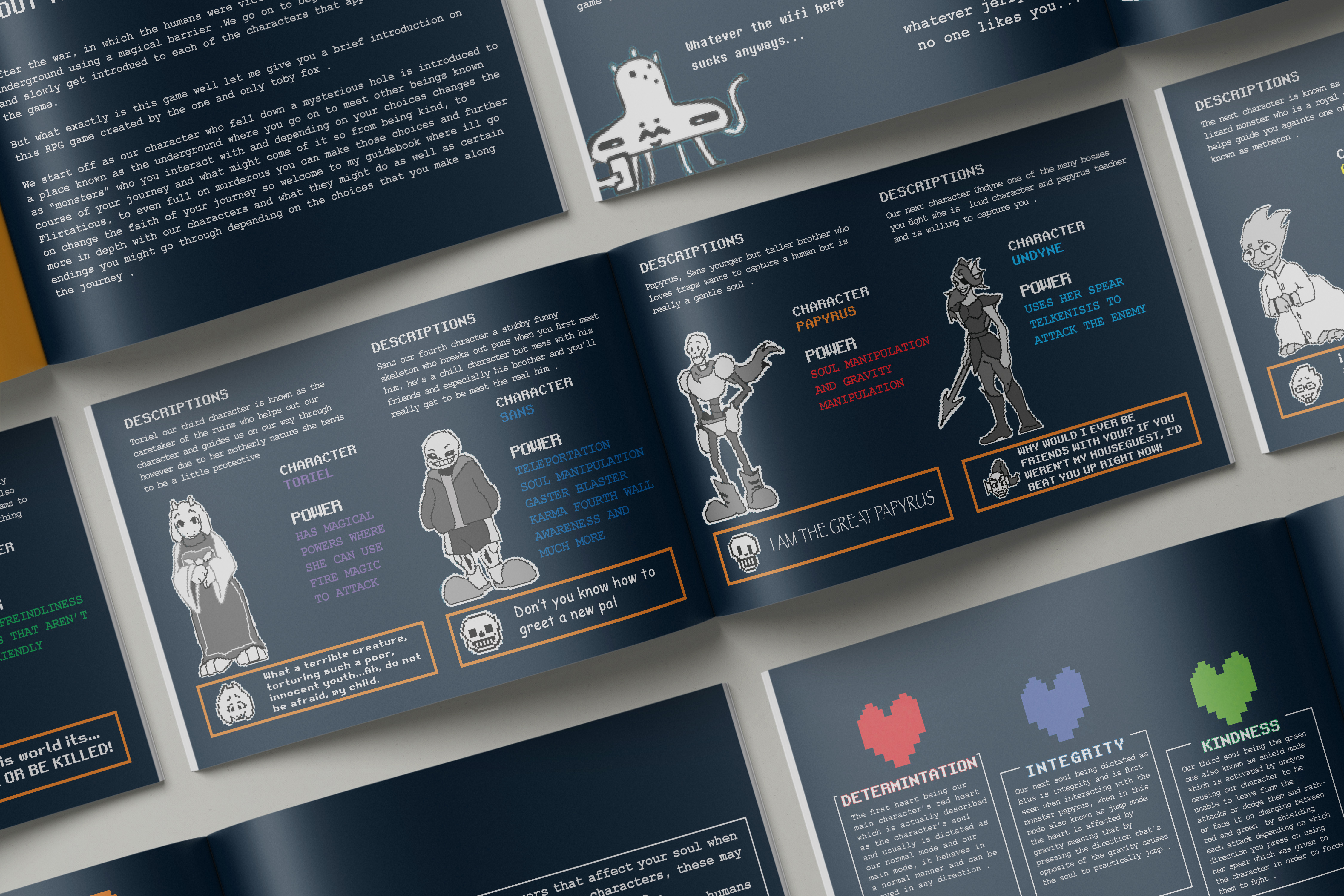 Open booklet showing character descriptions and pixel art for Toriel, Sans, Papyrus, and Undyne, detailing their powers and quotes from the game Undertale.