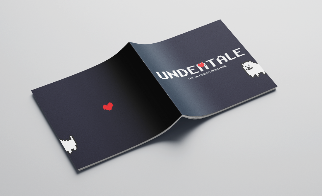 Open brochure with dark blue pages featuring pixel art white dog characters, a red heart, and the title 'UNDERTALE THE ULTIMATE BROCHURE' in pixelated white text.