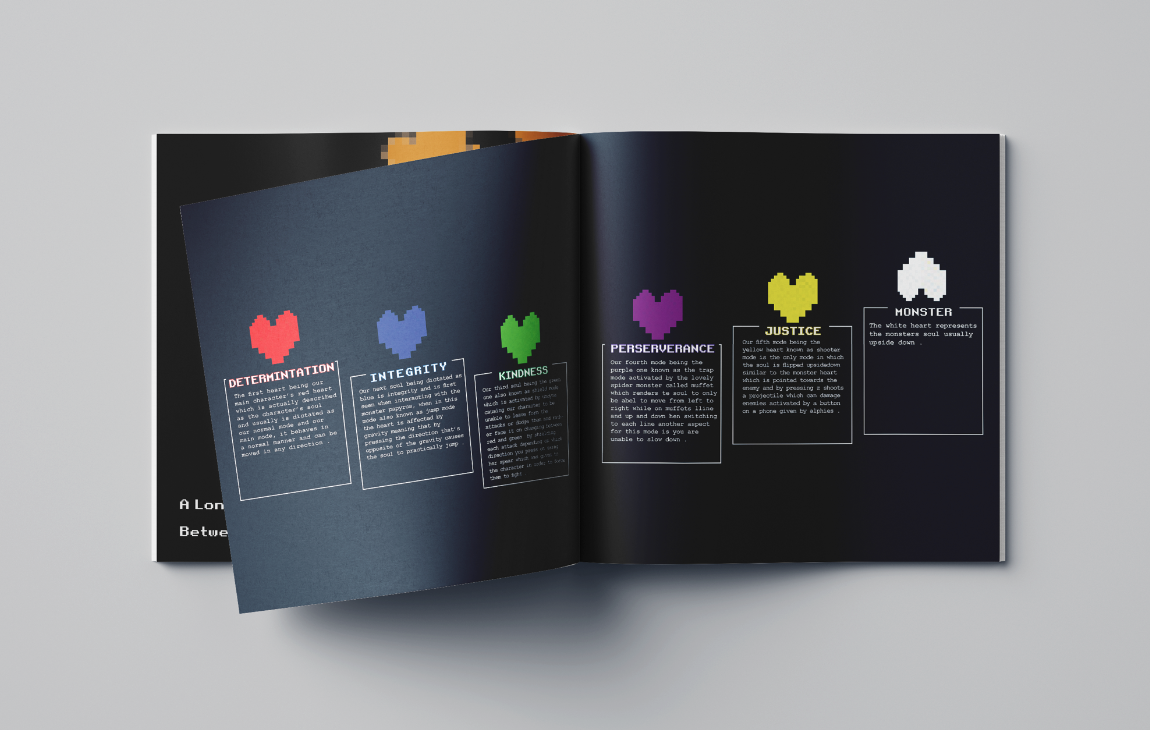 Open booklet showing pixel art hearts in different colors with text describing characteristics: determination (red), integrity (blue), kindness (green), perseverance (purple), justice (yellow), and monster (white).