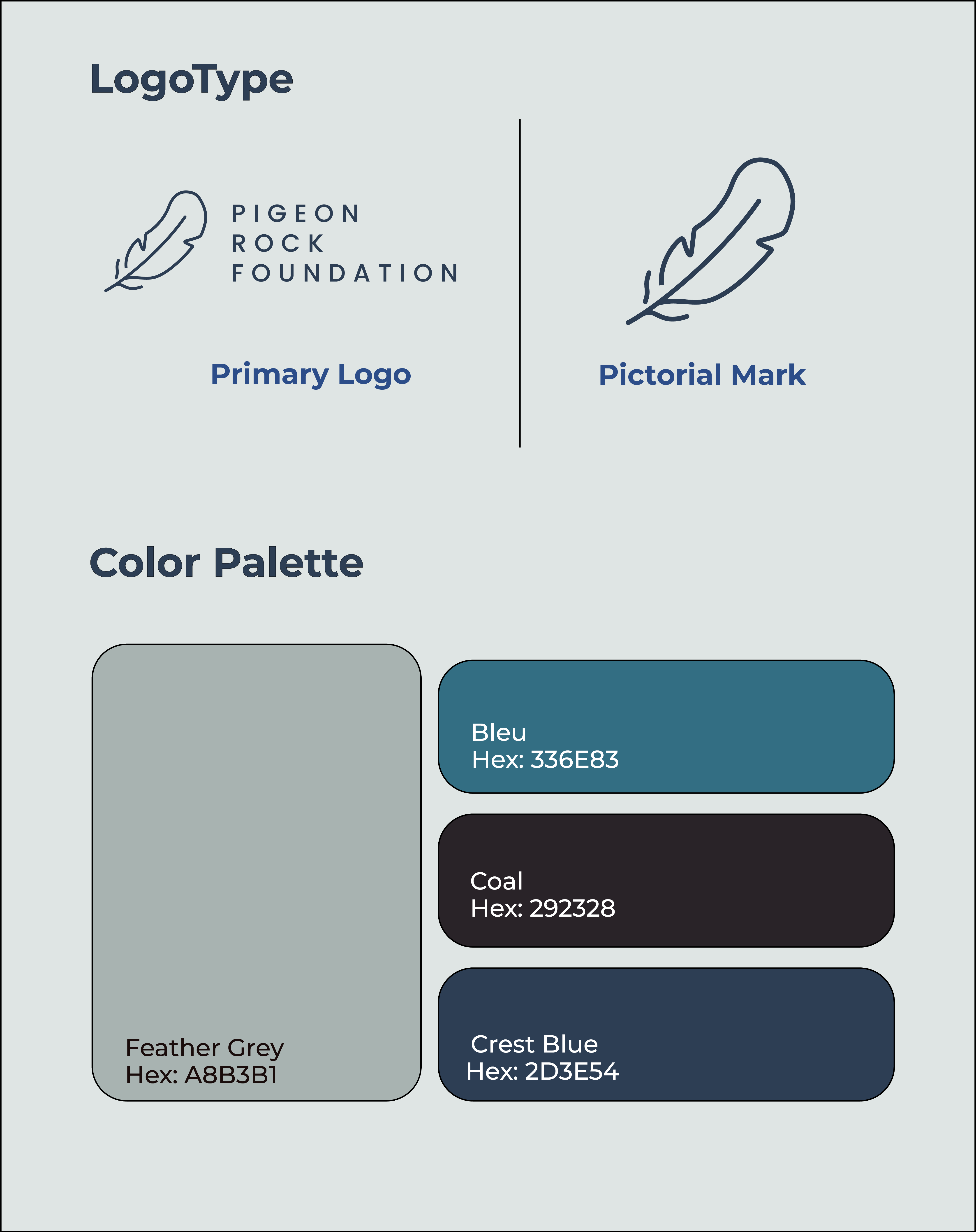 Brand board showing Pigeon Rock Foundation primary logo with a feather and text, pictorial mark of a feather, and a color palette of Feather Grey, Bleu, Coal, and Crest Blue with corresponding hex codes.