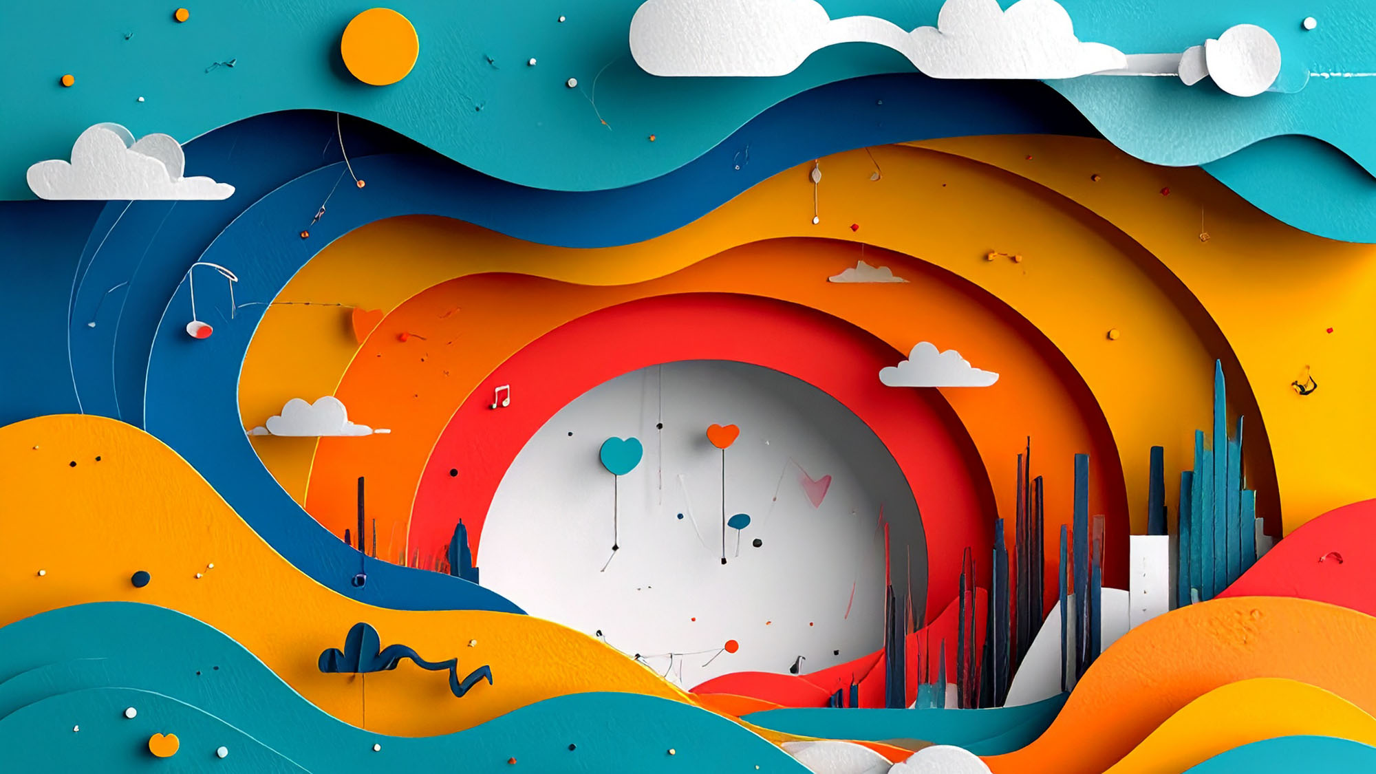 Abstract layered paper artwork showing a portal with joyful symbols around and in it