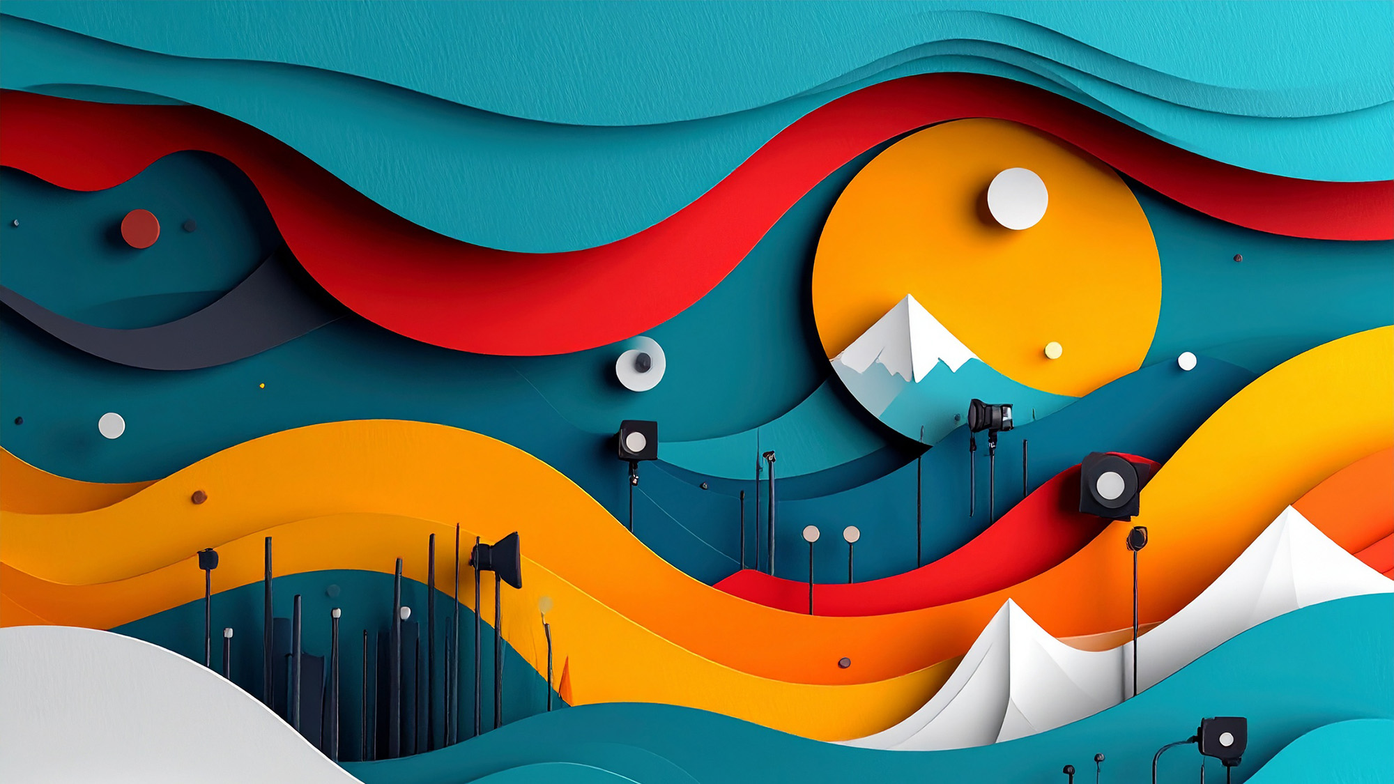 Abstract layered paper artwork showing a symbols of the film industry with a mountain appear in yellow circle