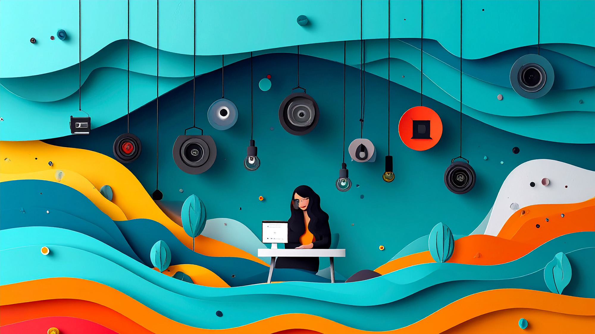 Abstract paper-cut image of a woman recording a video on her computer with camera, lighting, and microphoen symbols suspended from the top