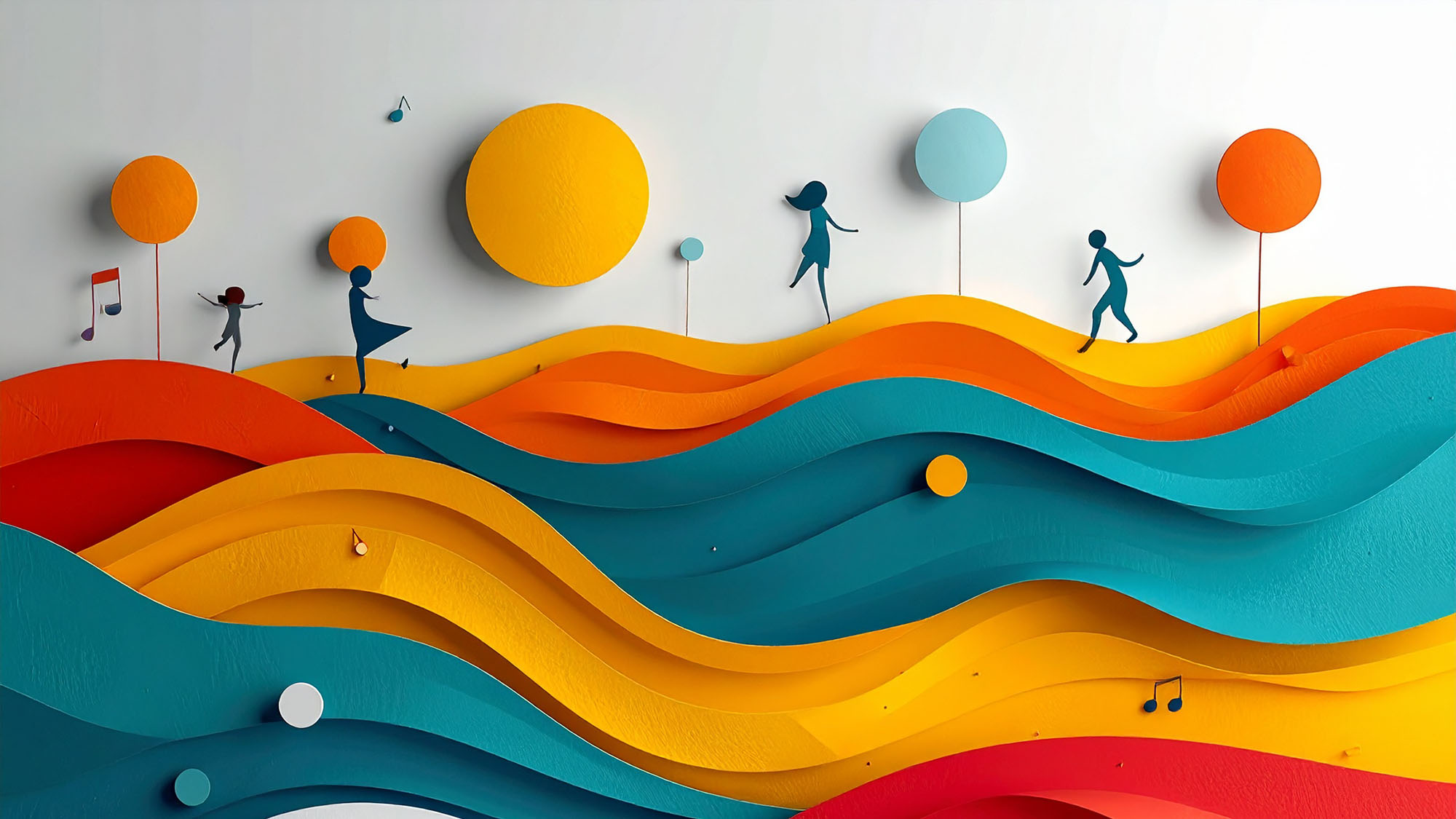 Abstract paper-cut image of a people dancing on waves of color with musical notation floating around them