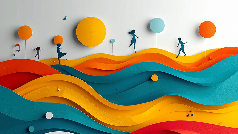 Abstract paper-cut image of a people dancing on waves of color with musical notation floating around them