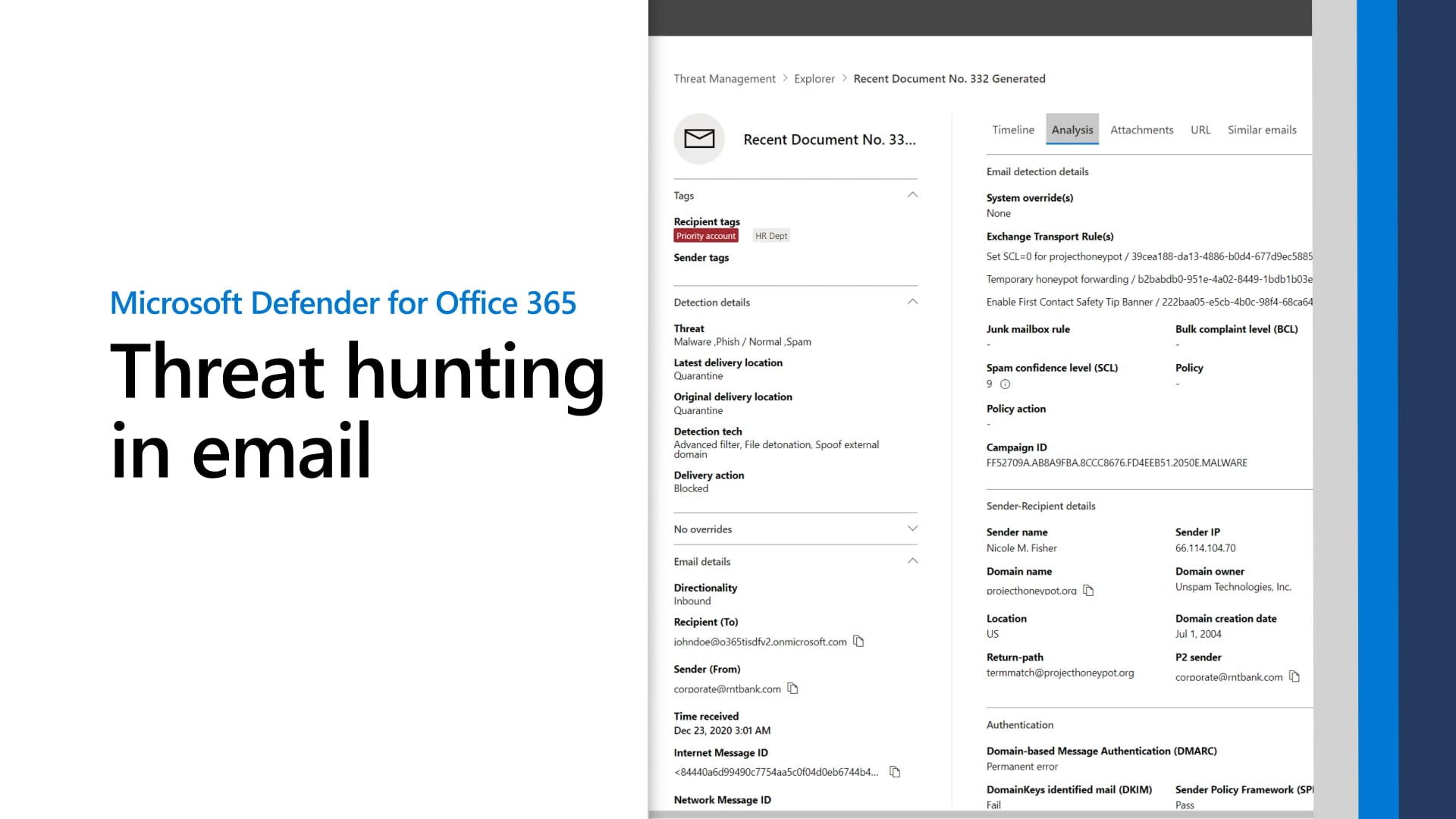 Thumbnail of the video titled "Microsoft Defender for Office 365: Threat hunting in email"