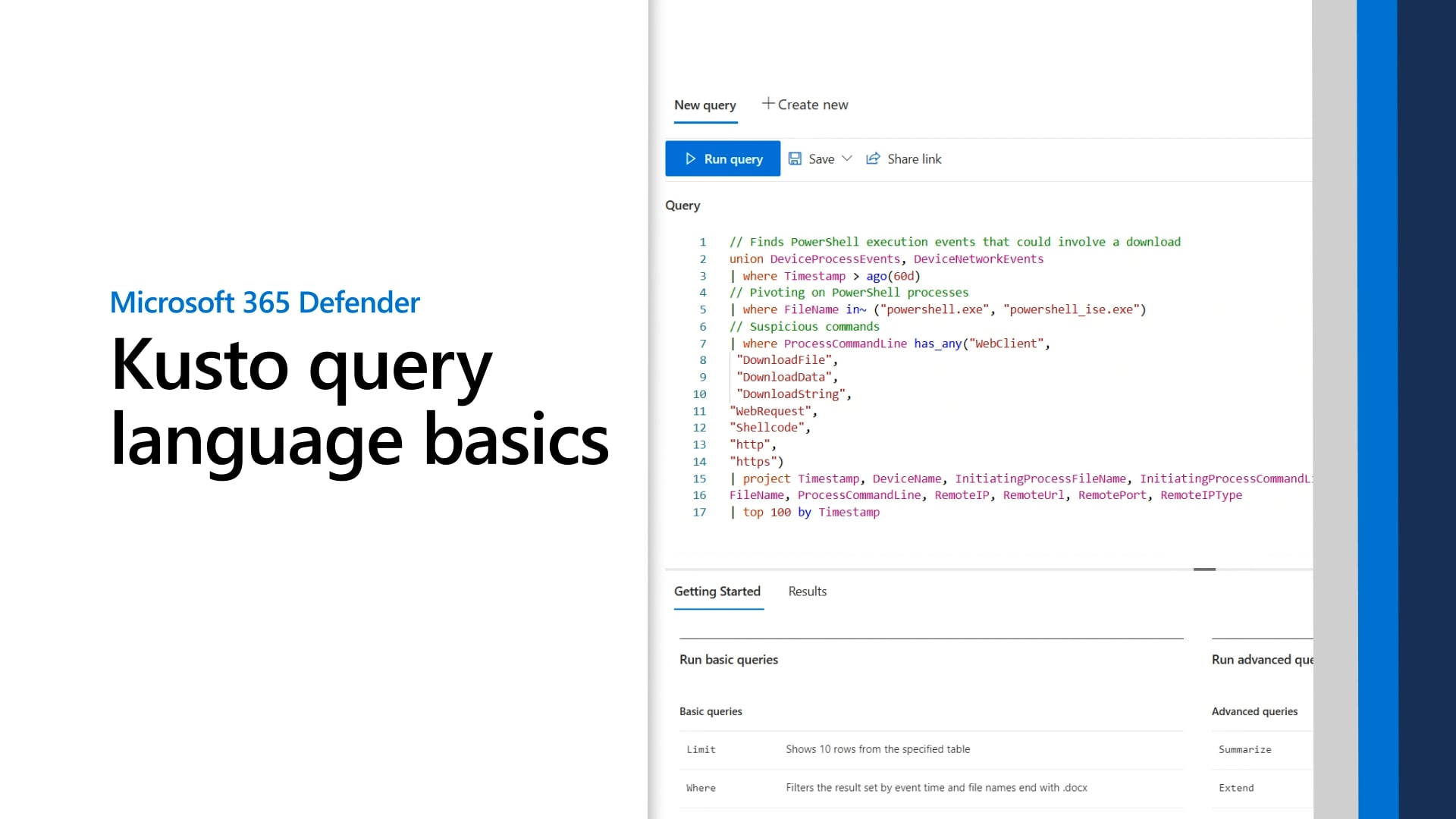 Thumbnail of the video titled "Microsoft 365 Defender: KQL basics"