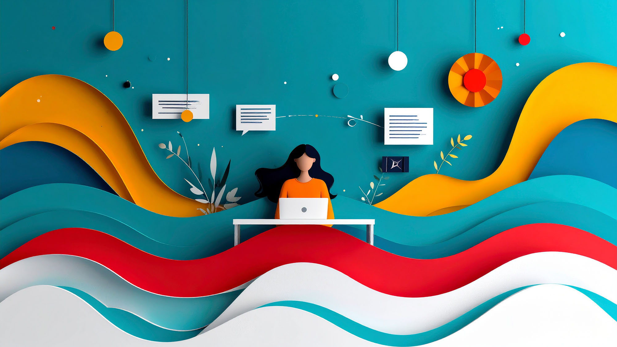 Abstract paper-cut image of a woman writing a script amongst waves of color
