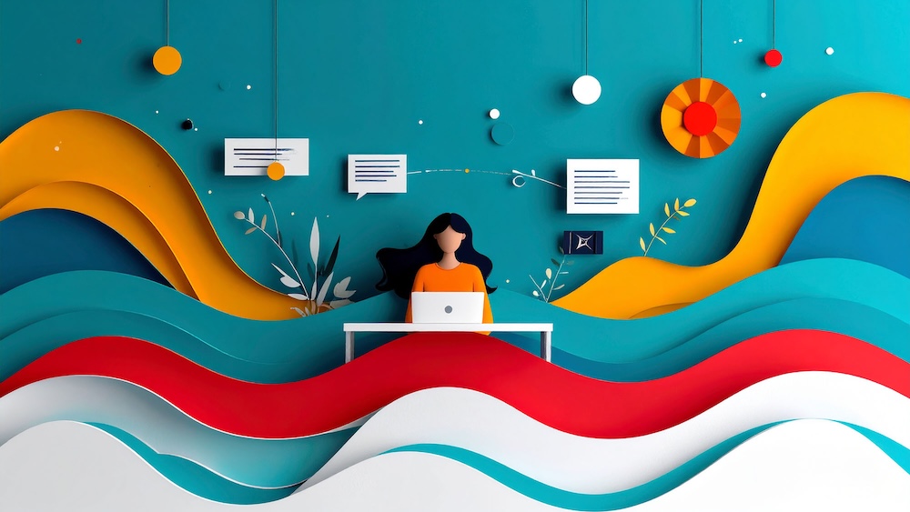 Abstract paper-cut image of a woman writing a script amongst waves of color