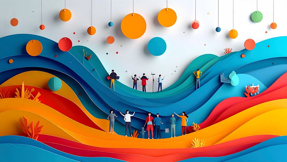 Abstract paper-cut image of a people celebrating a victory