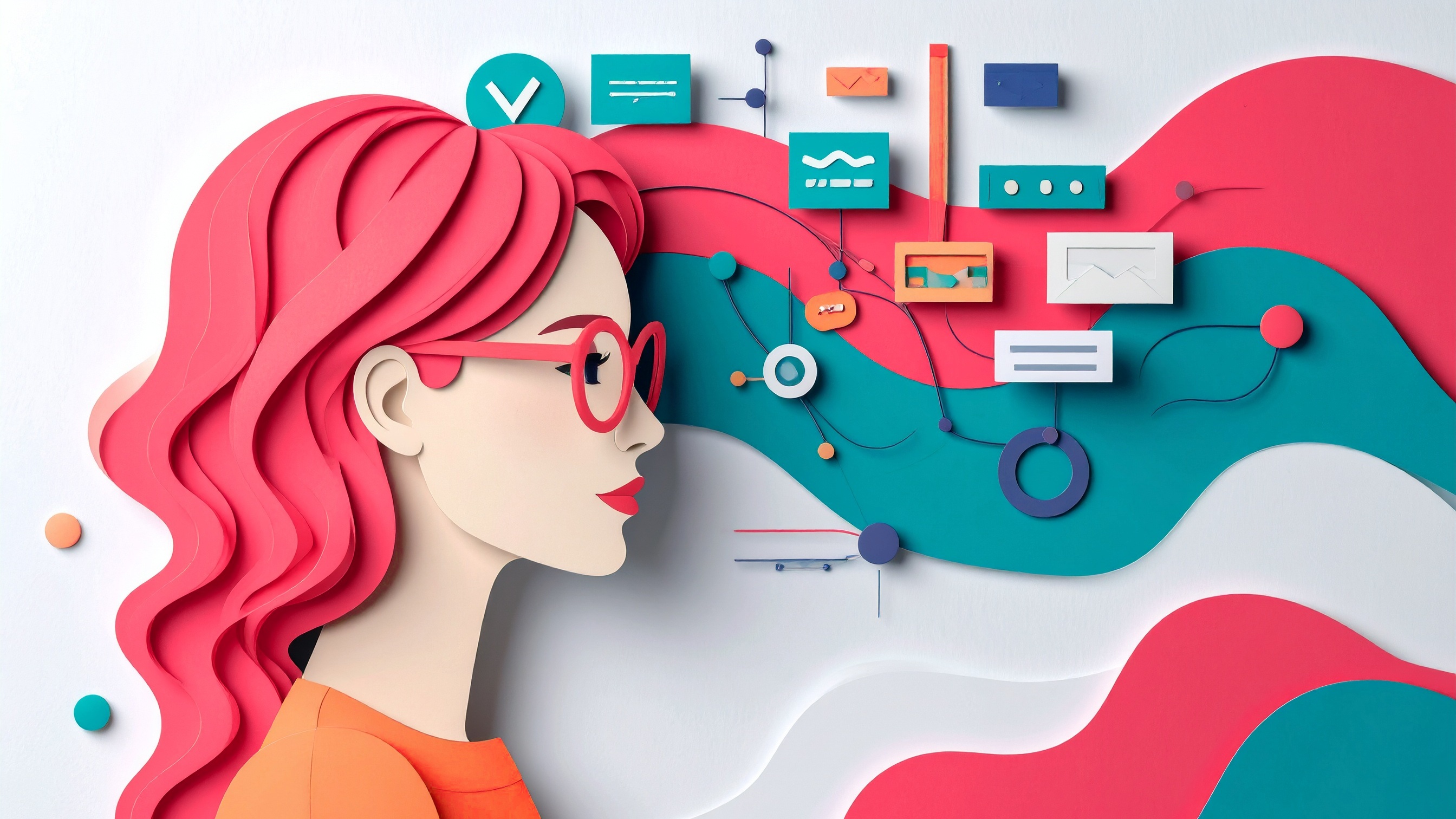 Abstract paper-cut image of a woman brainstorming