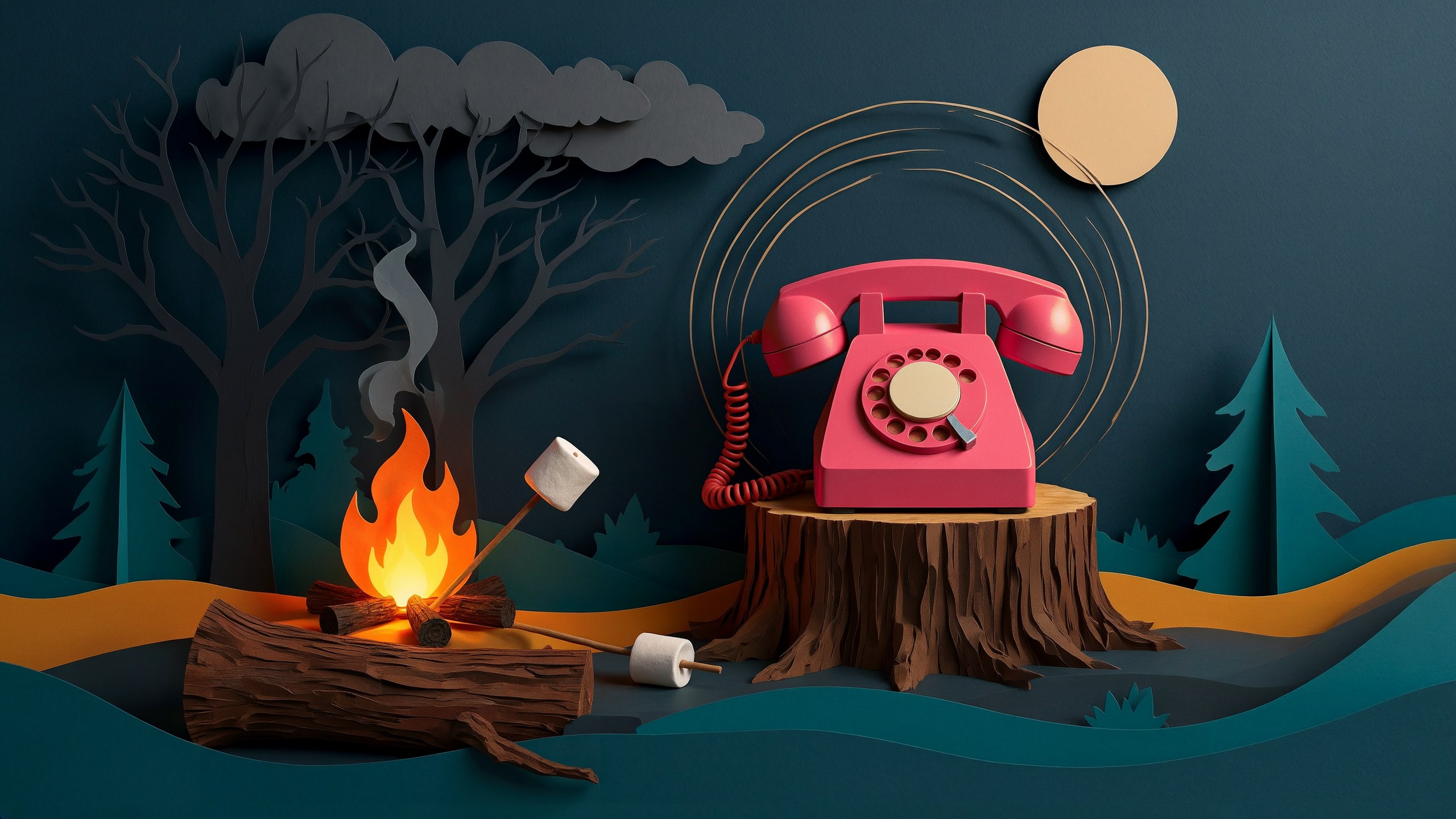 A paper-cut illustration of a bright red rotary phone ringing on a tree stump in a dark forest at night, beside a campfire and an abandoned log with dropped marshmallows