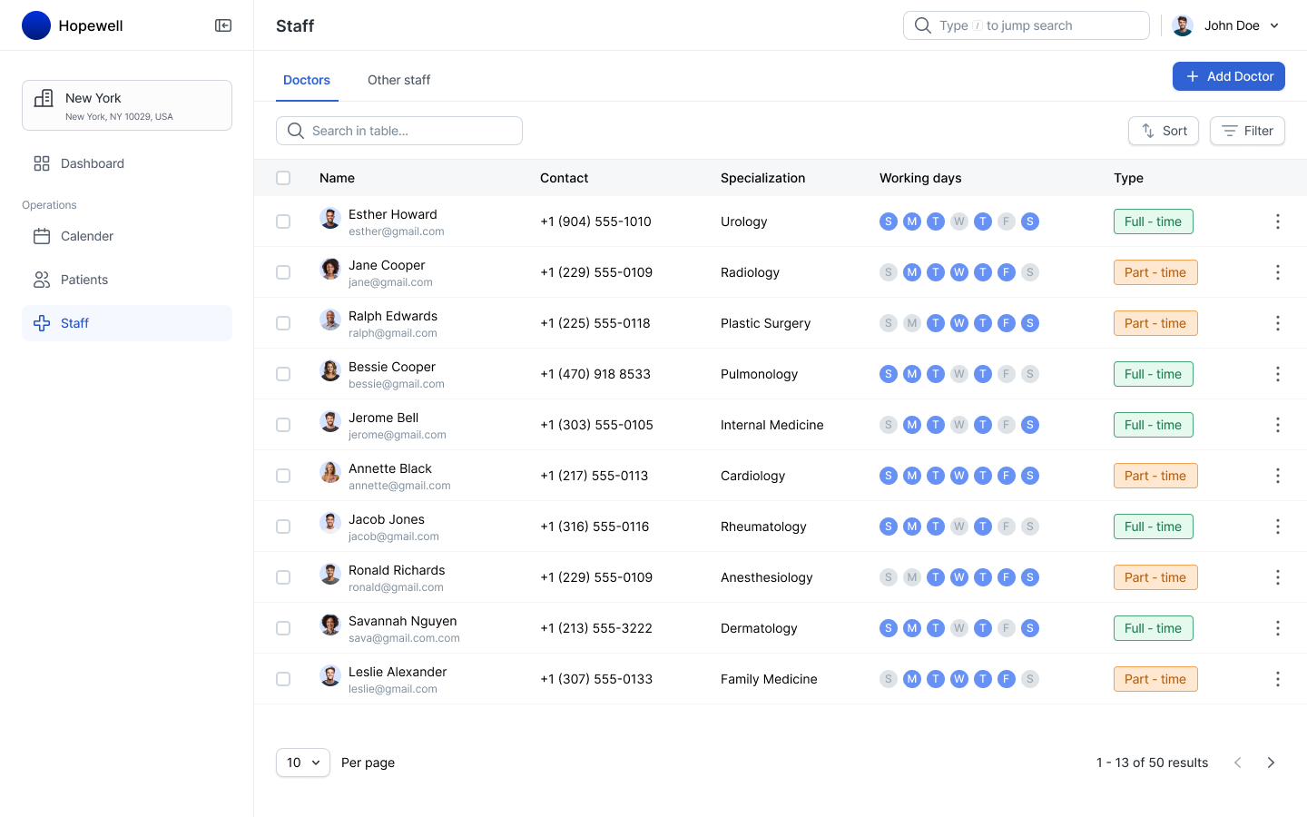 Doctors info table page design