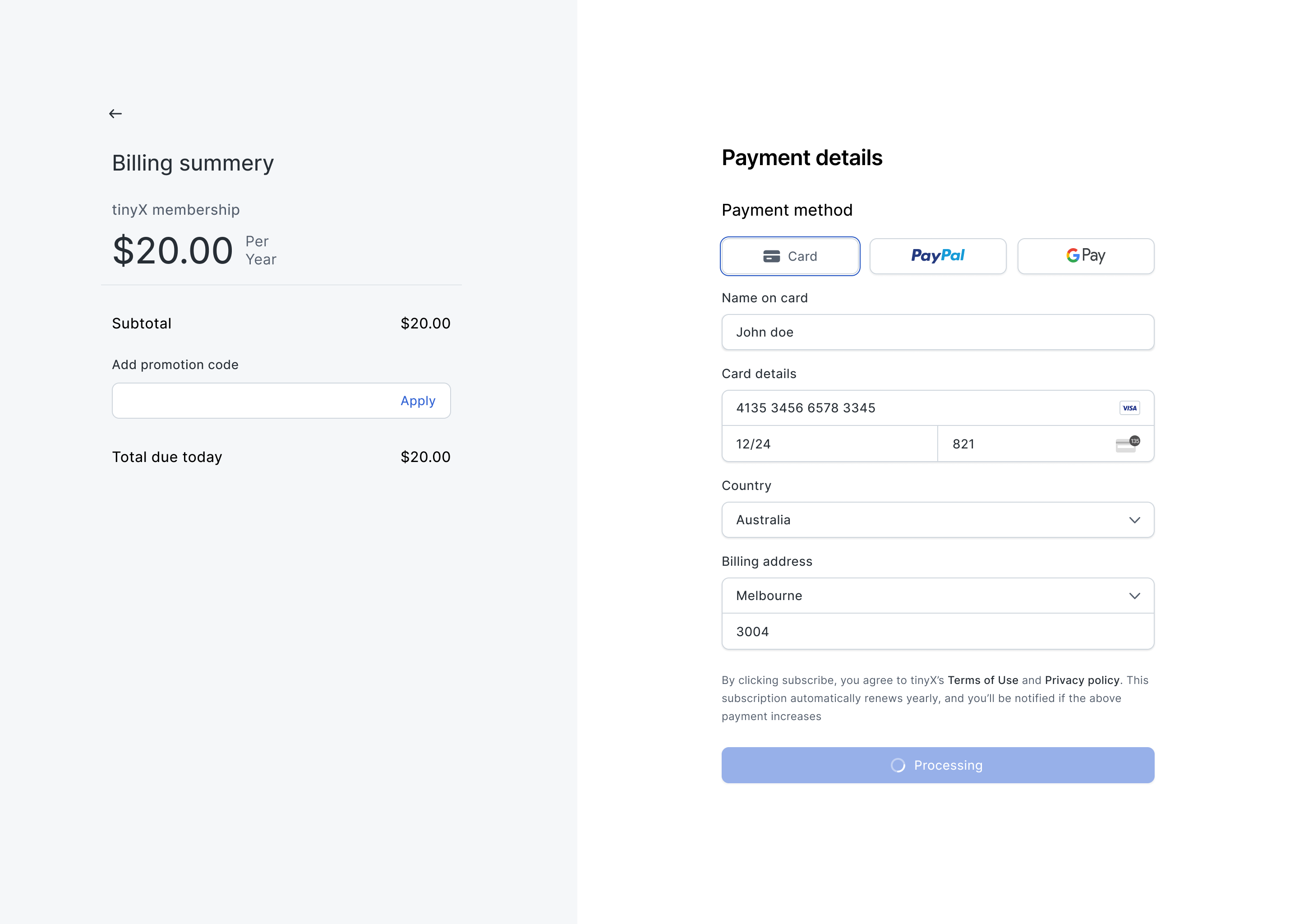 Payment options page design