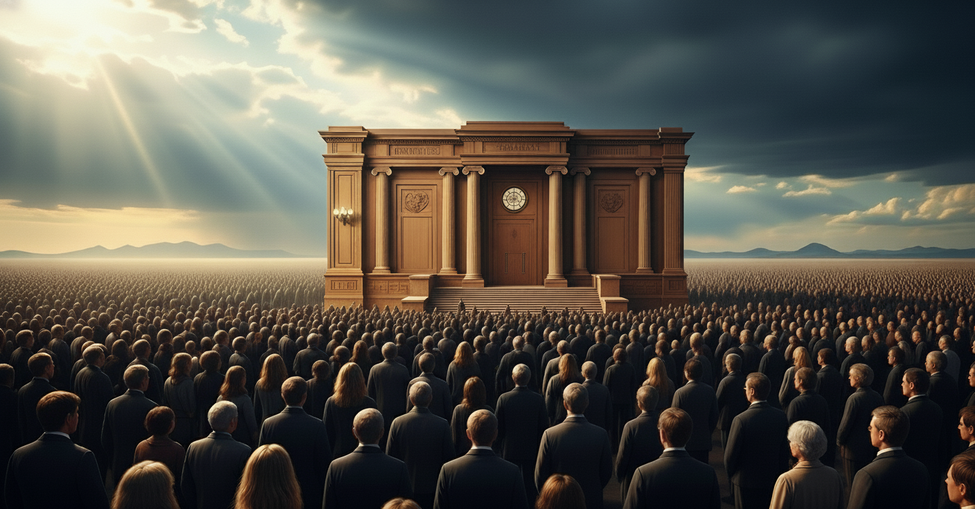 Large crowd of people dressed in dark suits gathered outdoors facing a grand classical building with columns under a cloudy sky with sun rays.