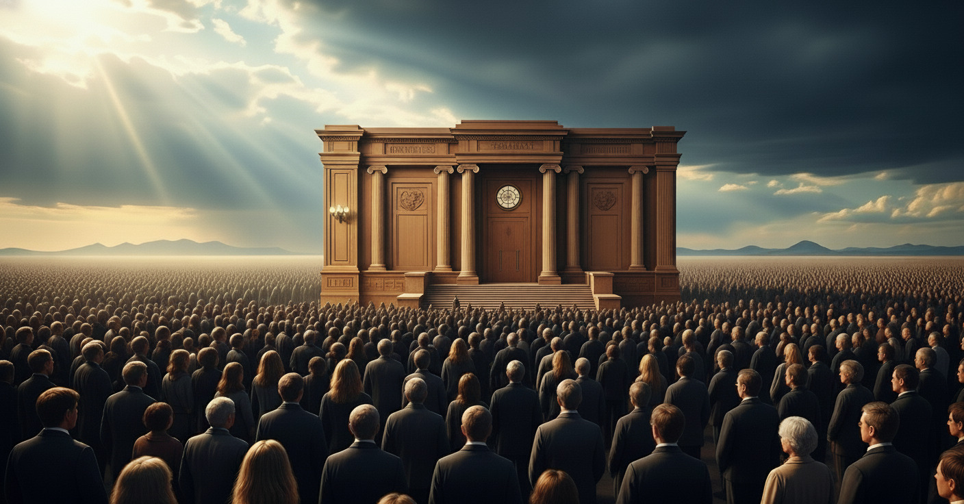 Vast crowd of people dressed in dark formal attire facing a large classical courthouse building under a dramatic sky with sun rays breaking through clouds.