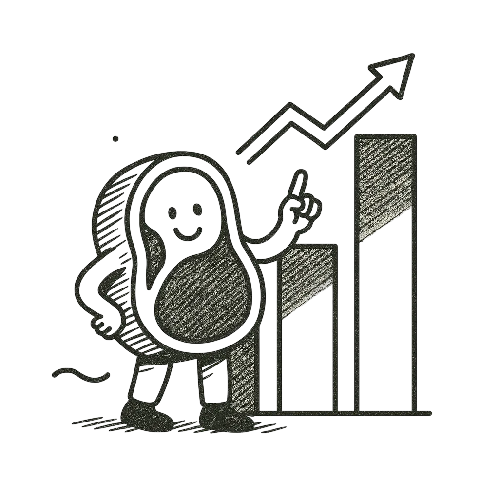 Disegno stilizzato di un personaggio a forma di fagiolo con sorriso che indica un grafico a barre in crescita con freccia verso l'alto.