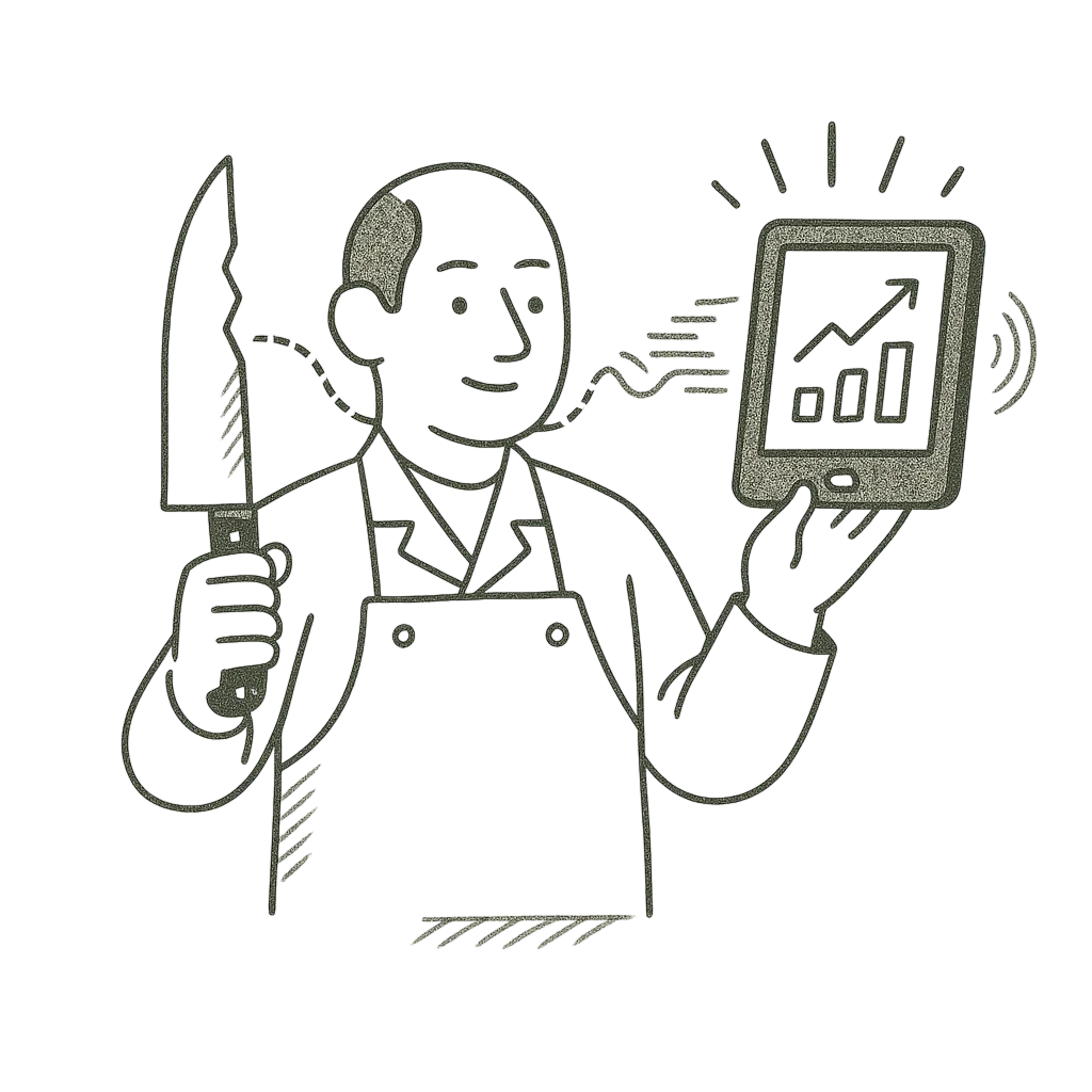 Uomo con grembiule che tiene un grande coltello in una mano e un tablet con grafico in crescita nell'altra.