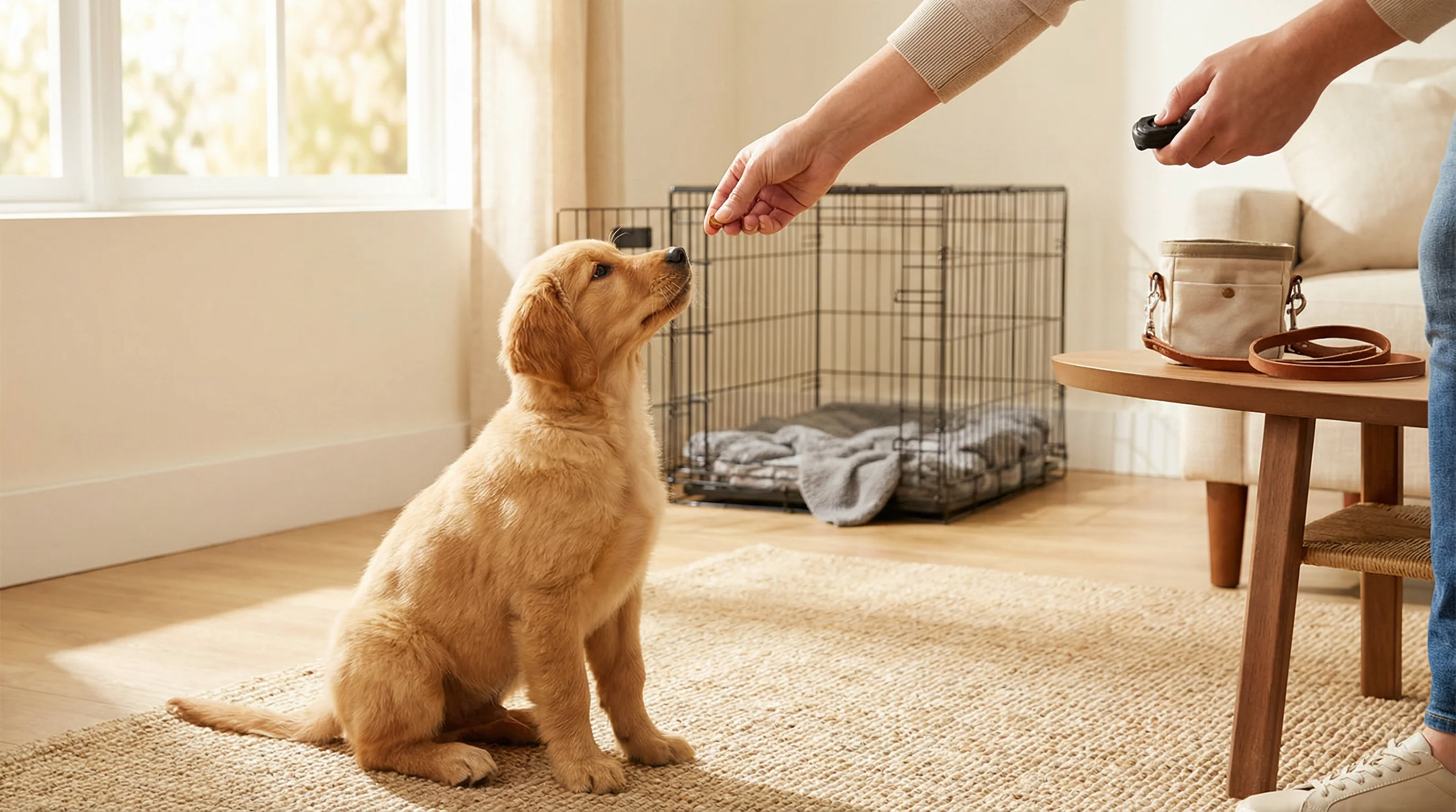 Puppy training session in a sunlit living room: a young dog sitting attentively on a rug, handler’s hand (no face visible) offering a treat and holdin