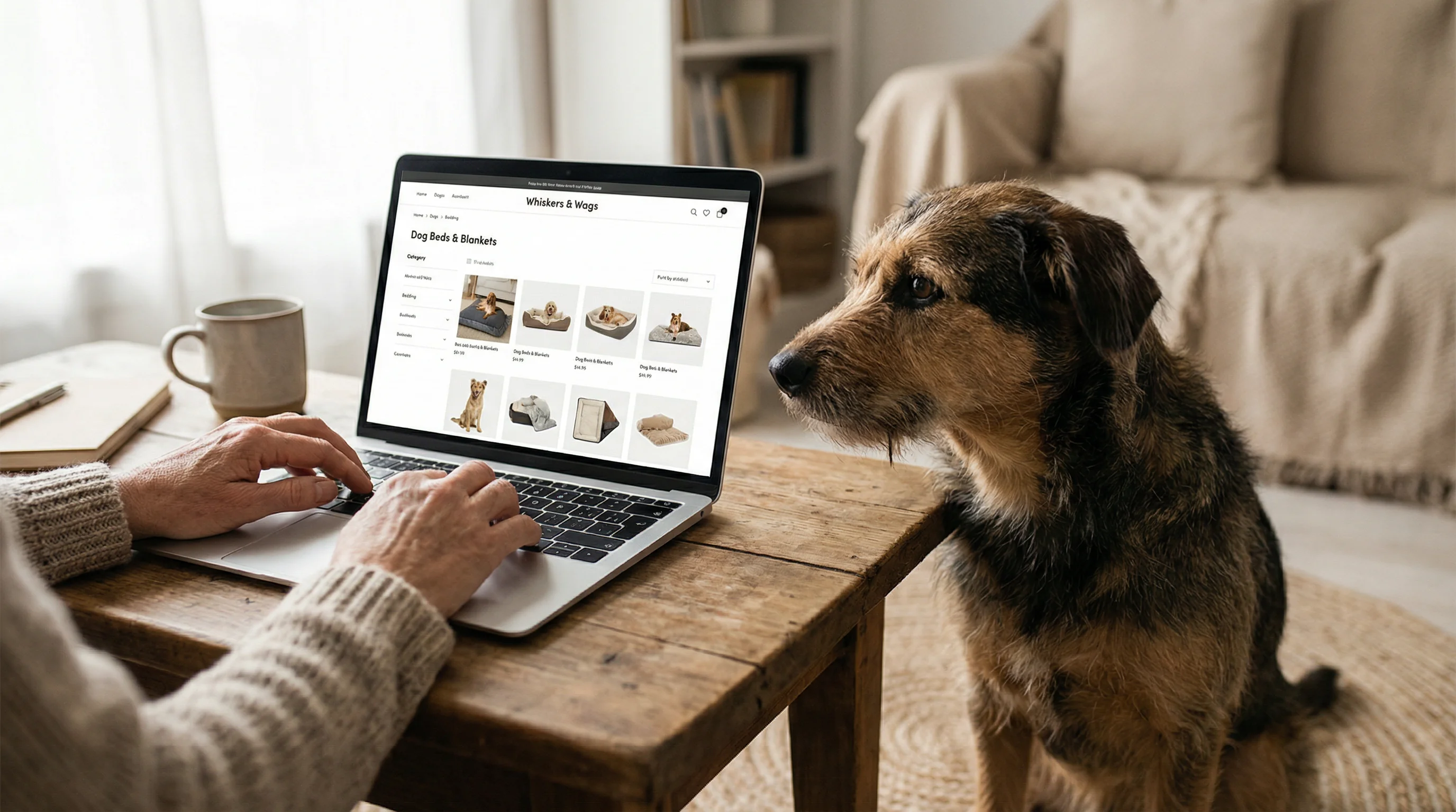 Cozy home workspace scene: hands browsing an online pet retailer on a laptop at a wooden table; screen shows a clean category page with breadcrumbs an