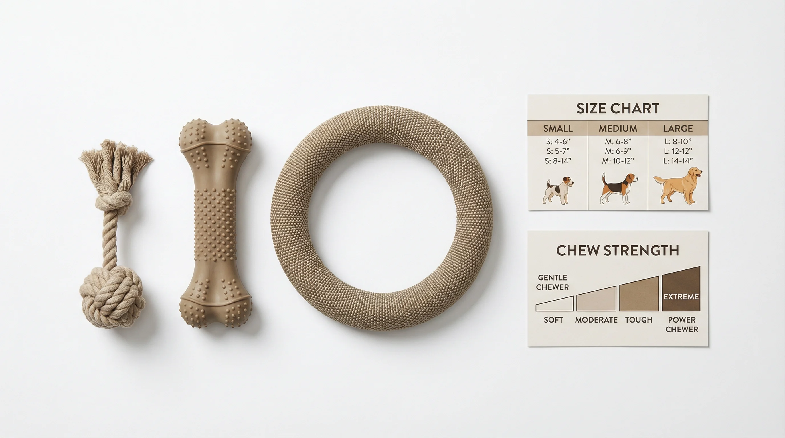 Top-down flat lay on a white background: three dog chew toys arranged small, medium, and large next to a simple printed size chart and a chew-strength
