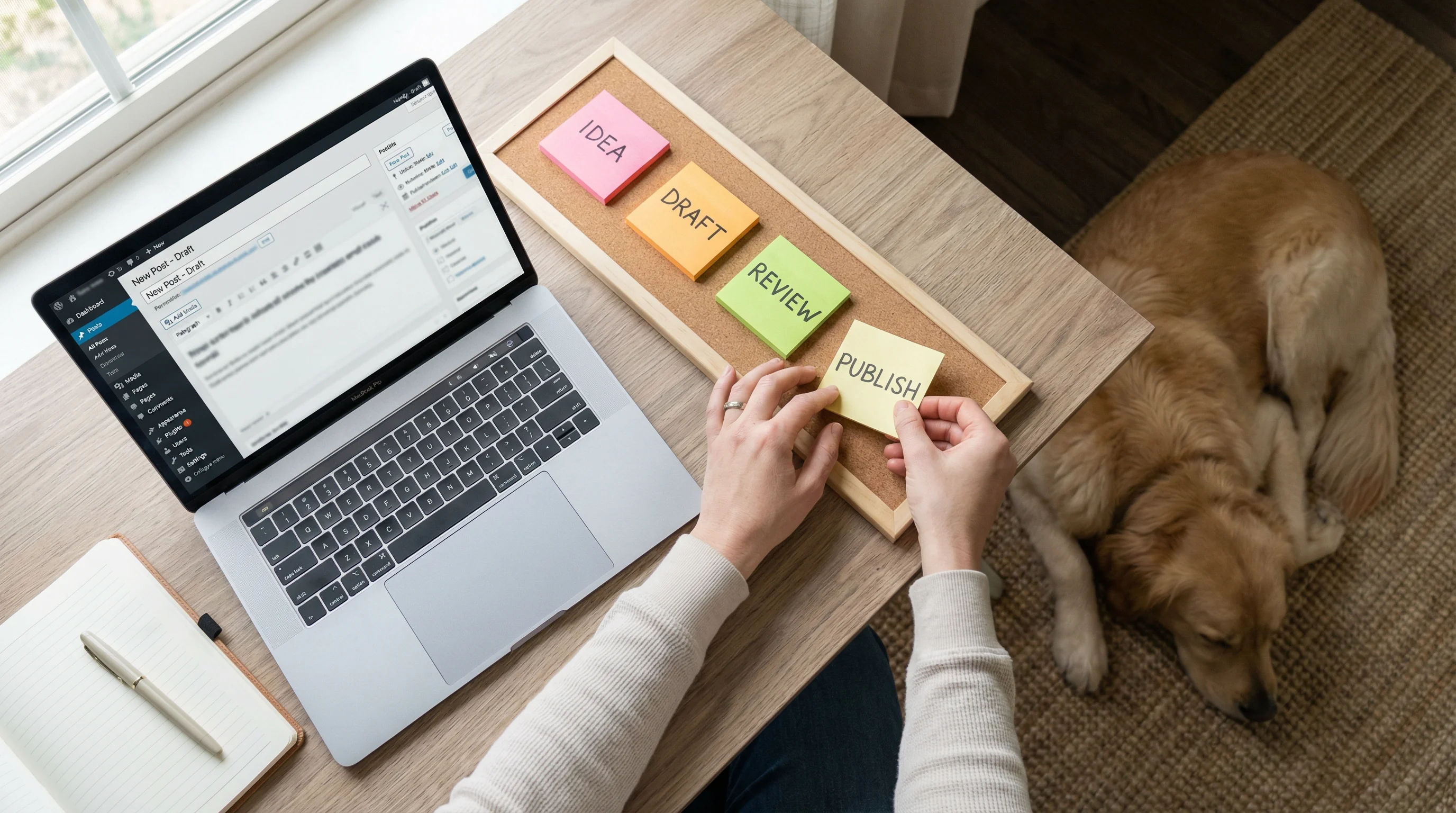 A tidy home office desk showing a content workflow: color‑coded sticky notes arranged in a clear linear sequence, a laptop displaying a generic CMS dr