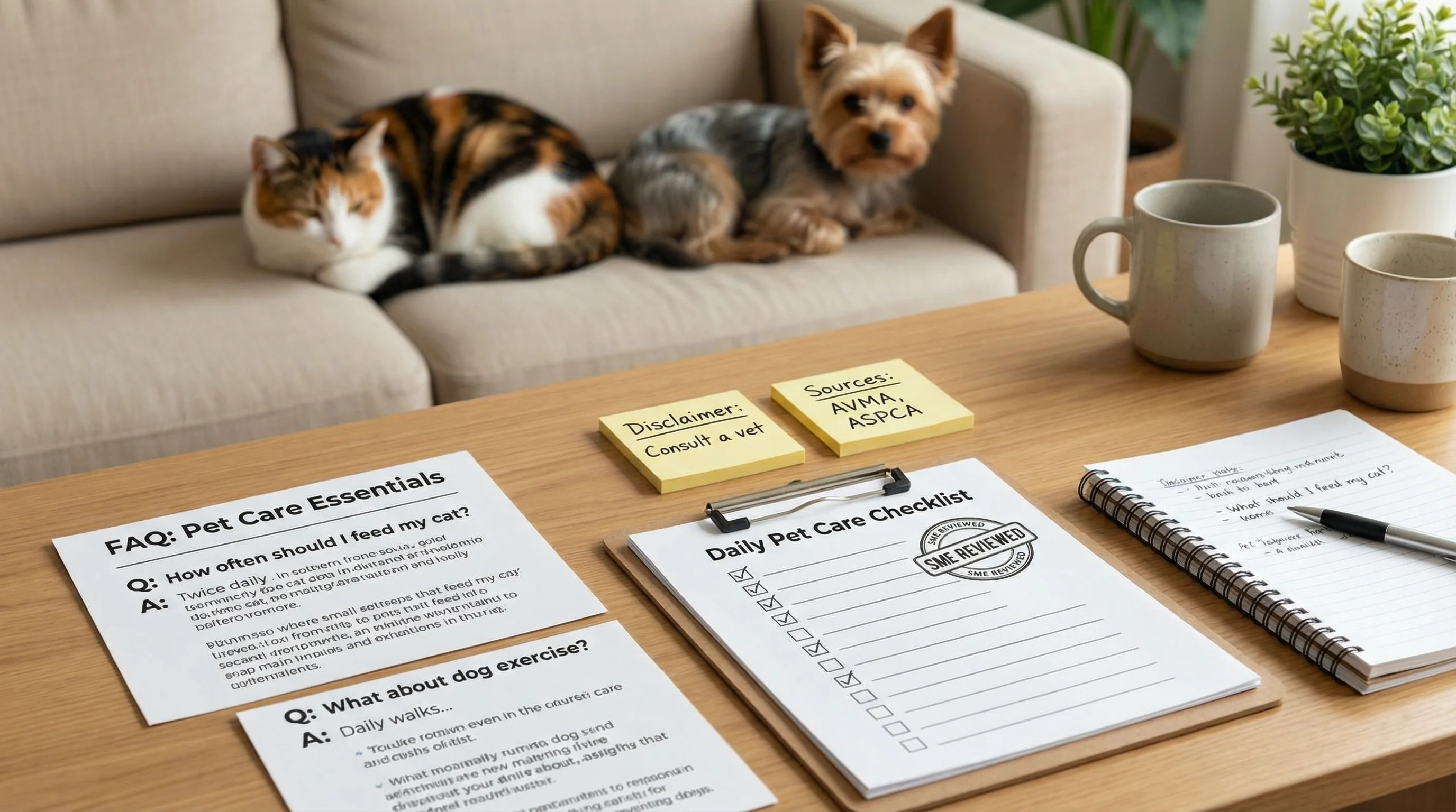 Close-up tabletop photo with printed FAQ cards about pet care, a clipboard checklist stamped 'SME reviewed', sticky notes reading 'disclaimer' and 'so
