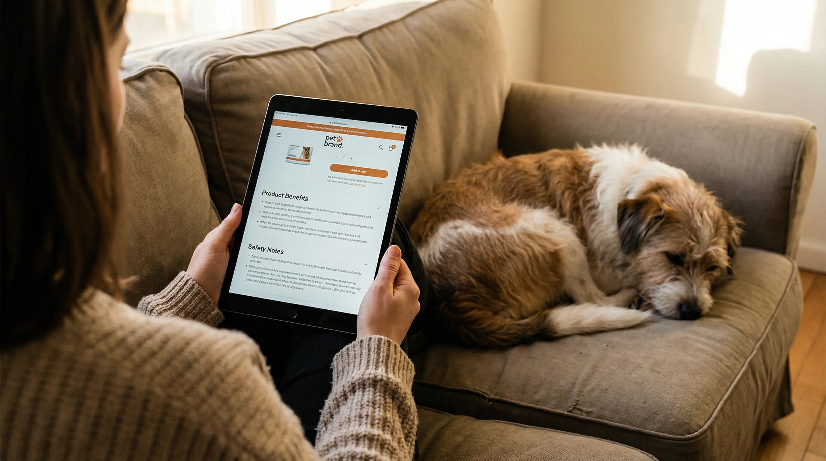 Over-the-shoulder photo of a pet parent browsing a pet brand website on a tablet, only hands visible, with a calm mixed-breed dog lying beside them on