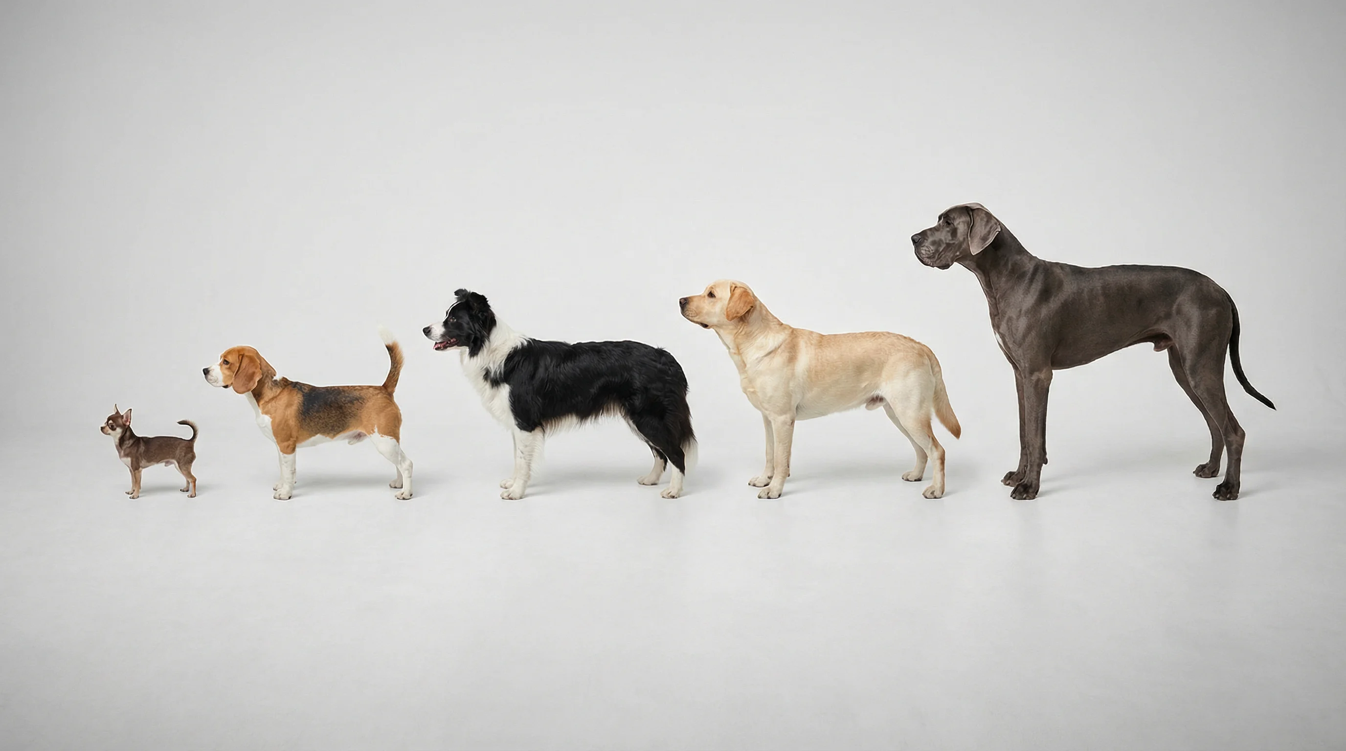Wide-angle overhead photo of five dogs arranged left-to-right by size (chihuahua, beagle, border collie, labrador retriever, great dane) on a clean ne