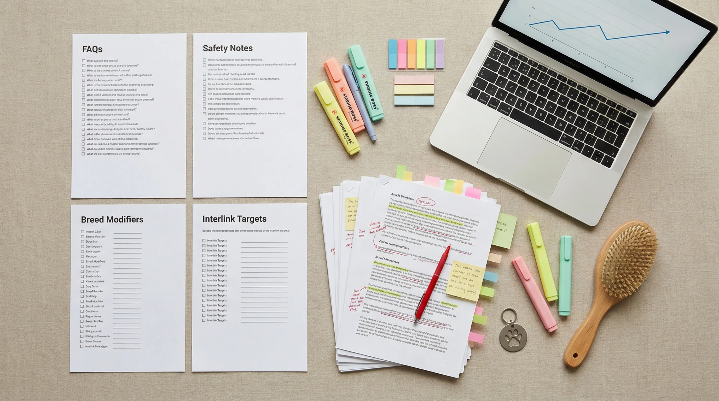 Flat lay of an organized editorial workspace for a pet blog: printed checklists titled 'FAQs', 'Safety Notes', 'Breed Modifiers', and 'Interlink Targe