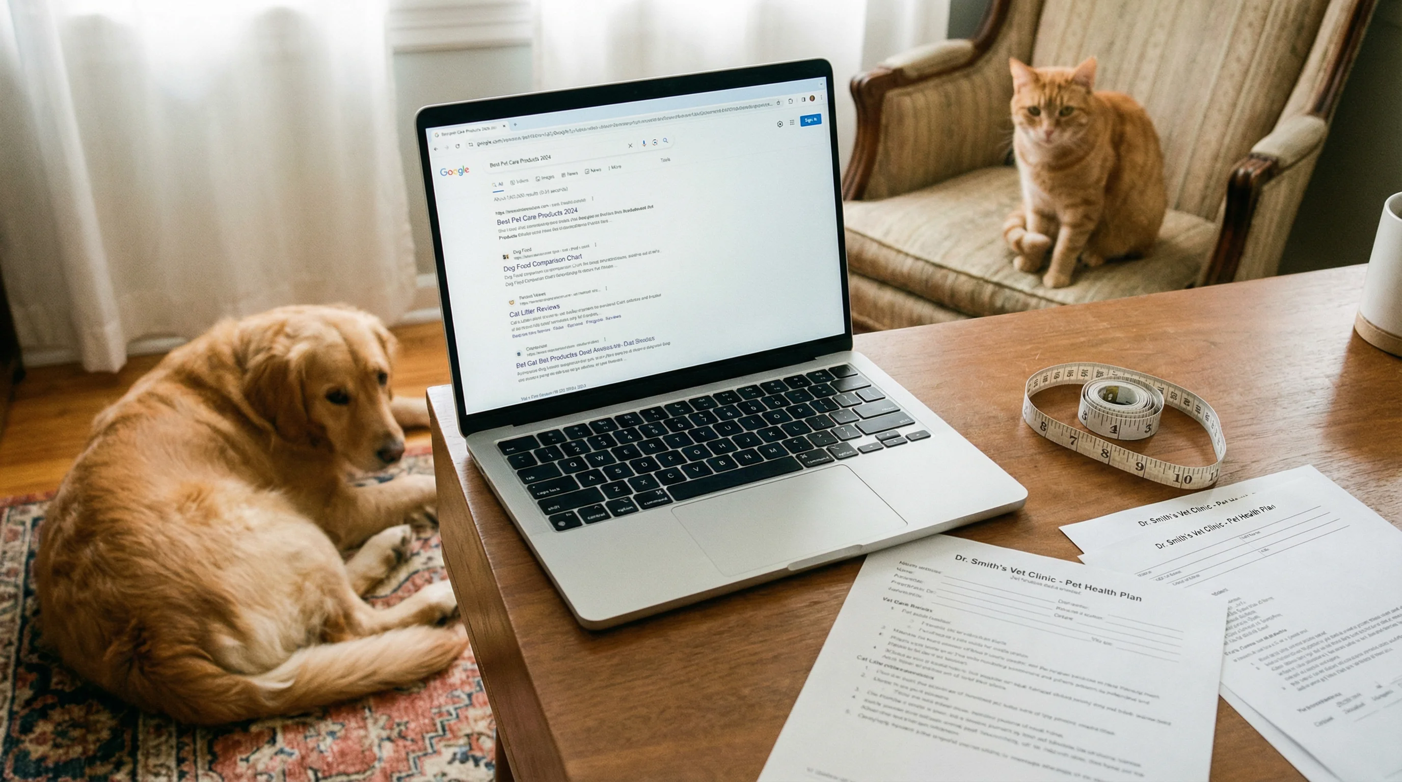Home workspace with an open laptop showing generic search results for pet care and product comparisons, a medium-sized dog lying on a rug beside the d