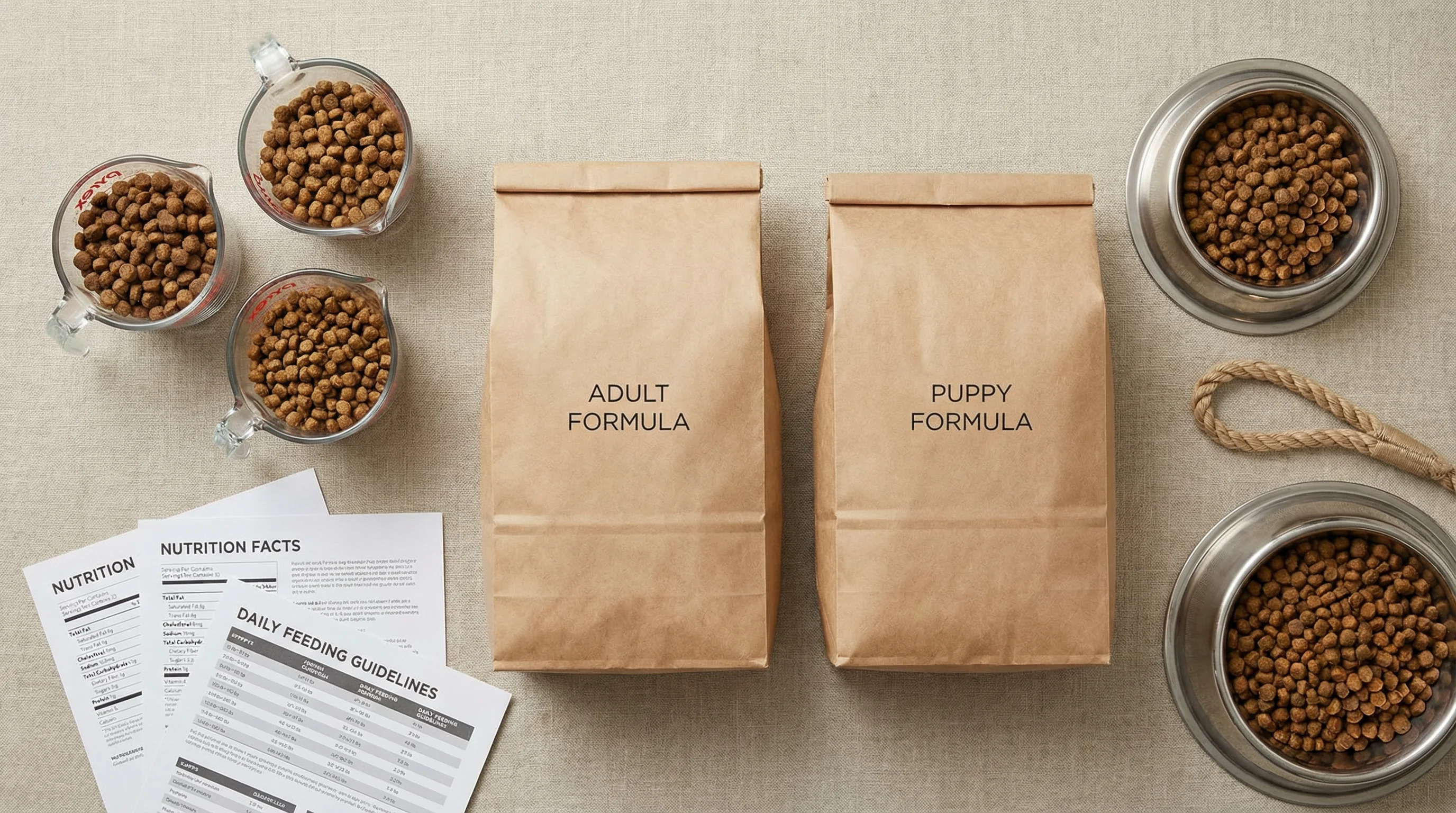 Overhead flat-lay of two unbranded dog food bags side by side, clear measuring cups filled with kibble, printed nutrition panels and a size chart, sta