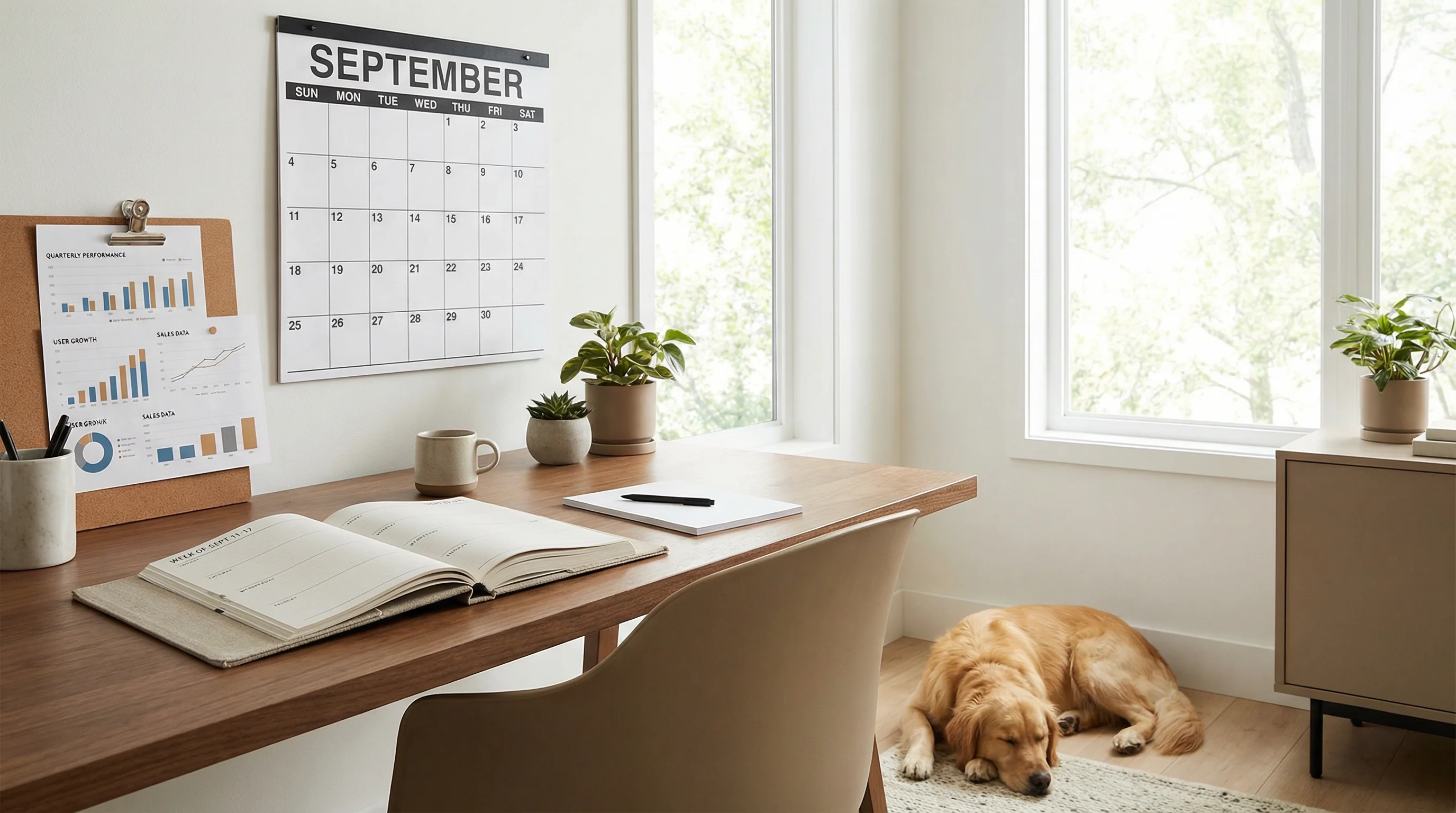 A modern workspace with a large wall calendar and an open weekly planner on the desk, printed analytics charts clipped nearby, a sleeping golden retri