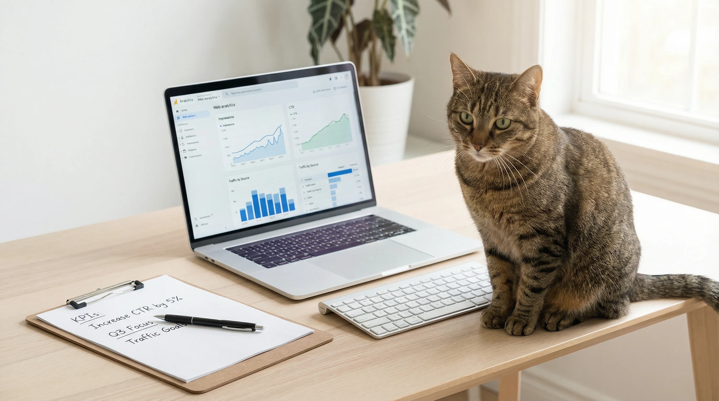 A clean home office desk with a laptop open to a generic web analytics dashboard showing charts for impressions, CTR, and traffic by source; a short‑h
