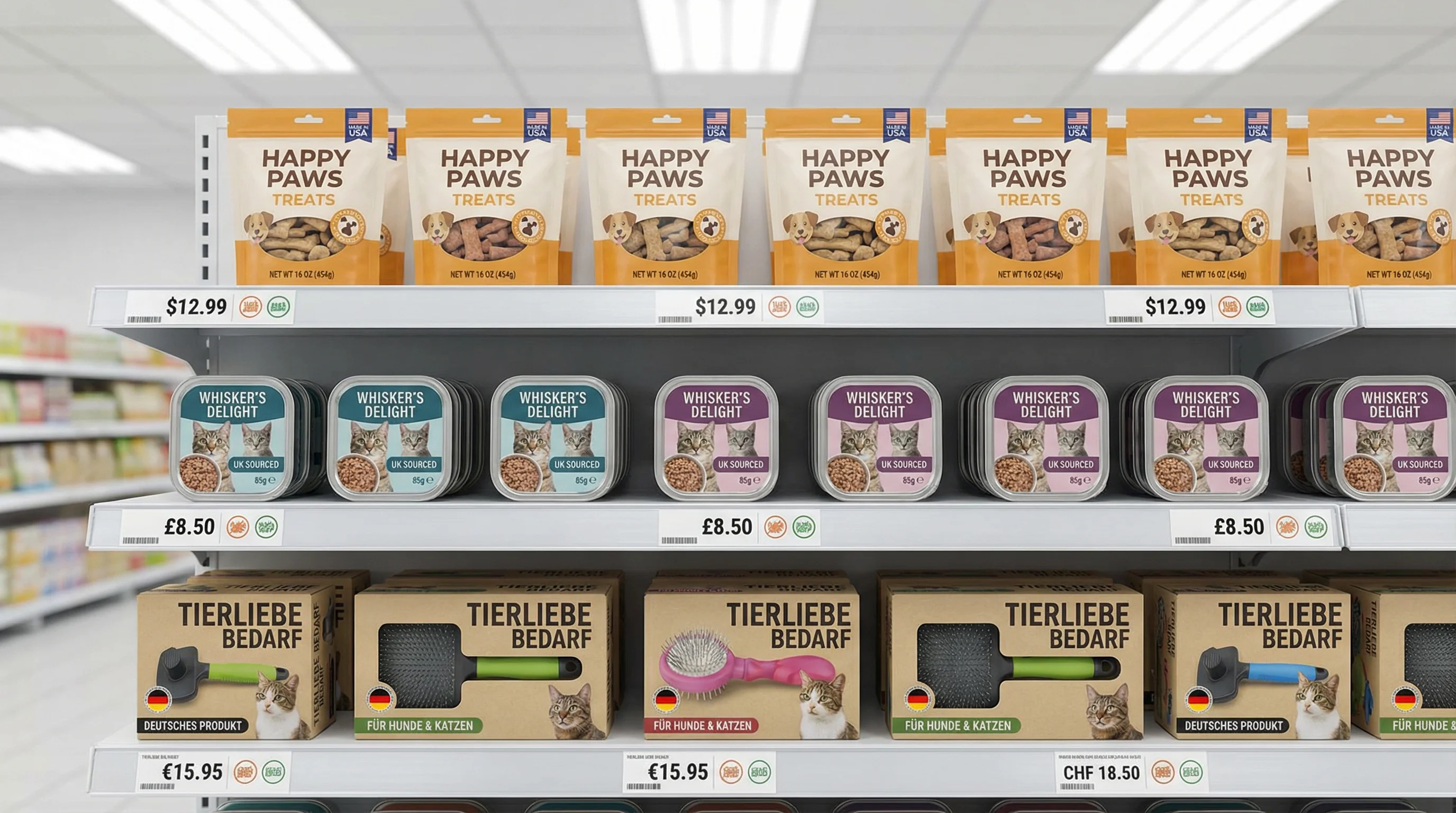 Well-lit retail shelf displaying pet products with varied regional packaging: US-labeled dog treats, UK-labeled cat food tins, and German-language pet