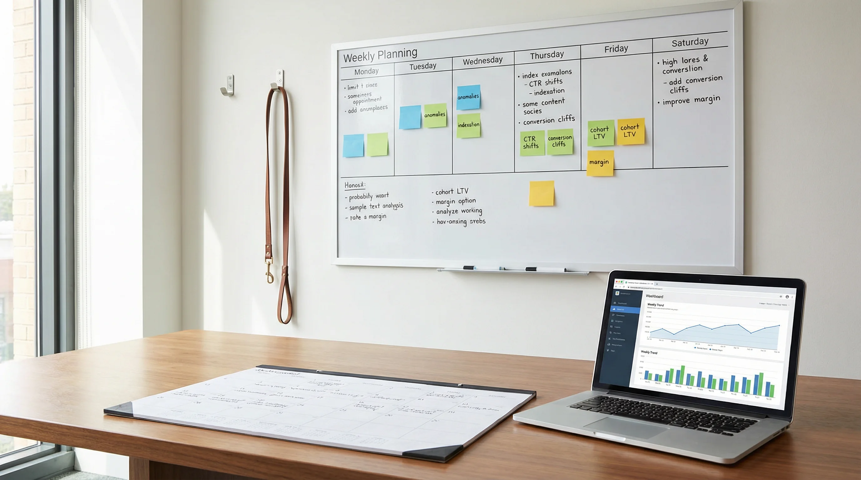 Candid office photo of a wall-mounted weekly planning board and large desk calendar. Color-coded sticky notes read 'anomalies', 'indexation', 'CTR shi