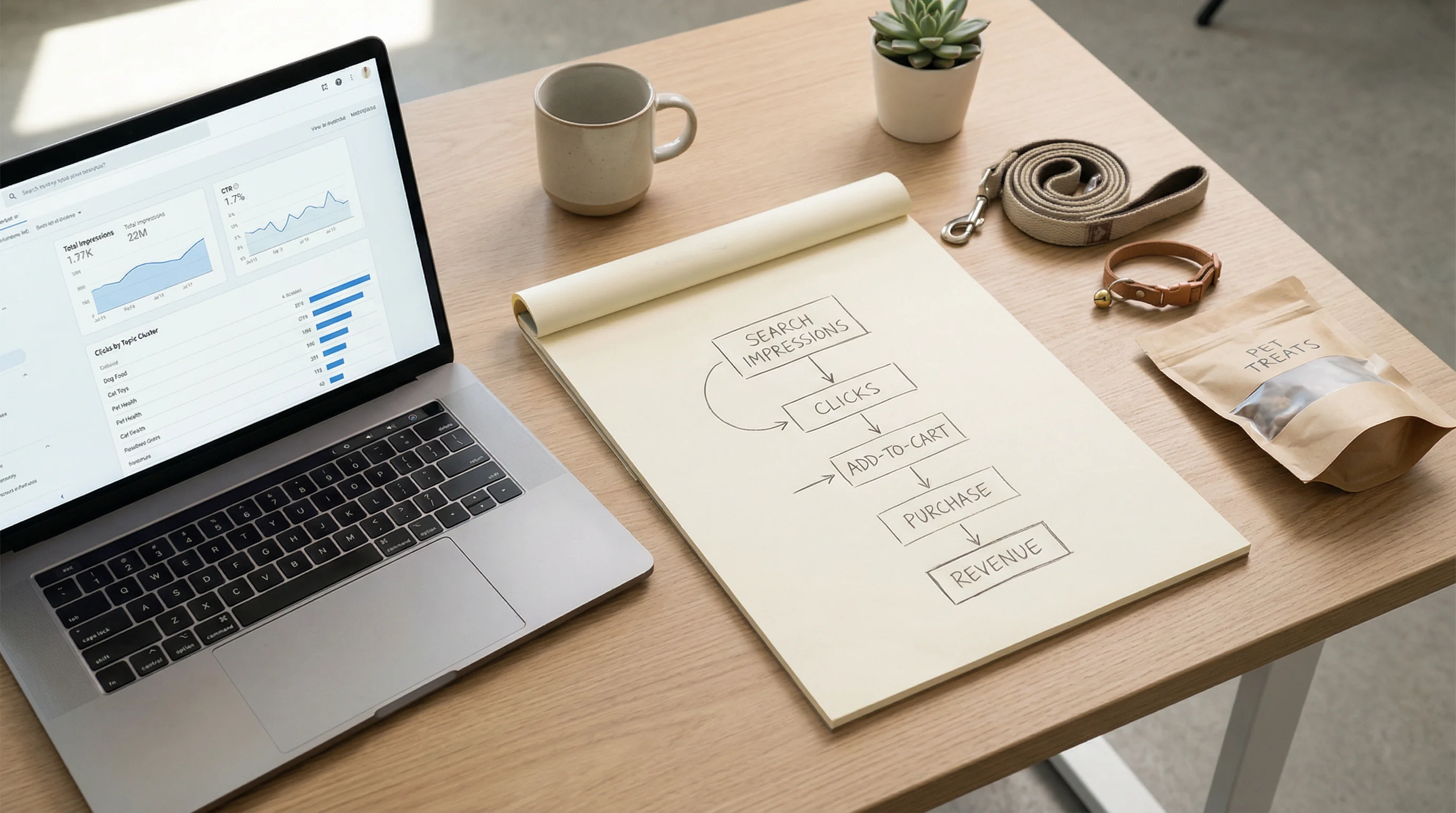 Overhead photograph of a minimalist office desk. A laptop screen shows a clean web analytics dashboard with impressions, CTR, and clicks by topic clus