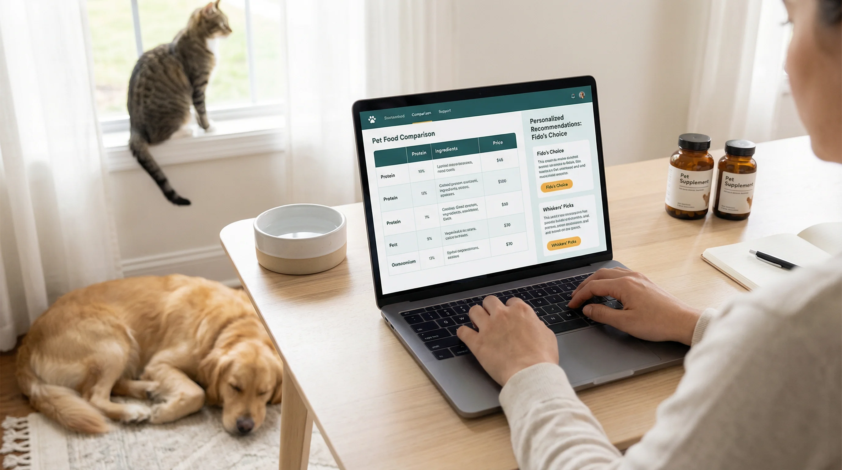 Over-the-shoulder photo of a home workspace where a person researches pet products on a laptop; the screen shows a generic pet food comparison page an