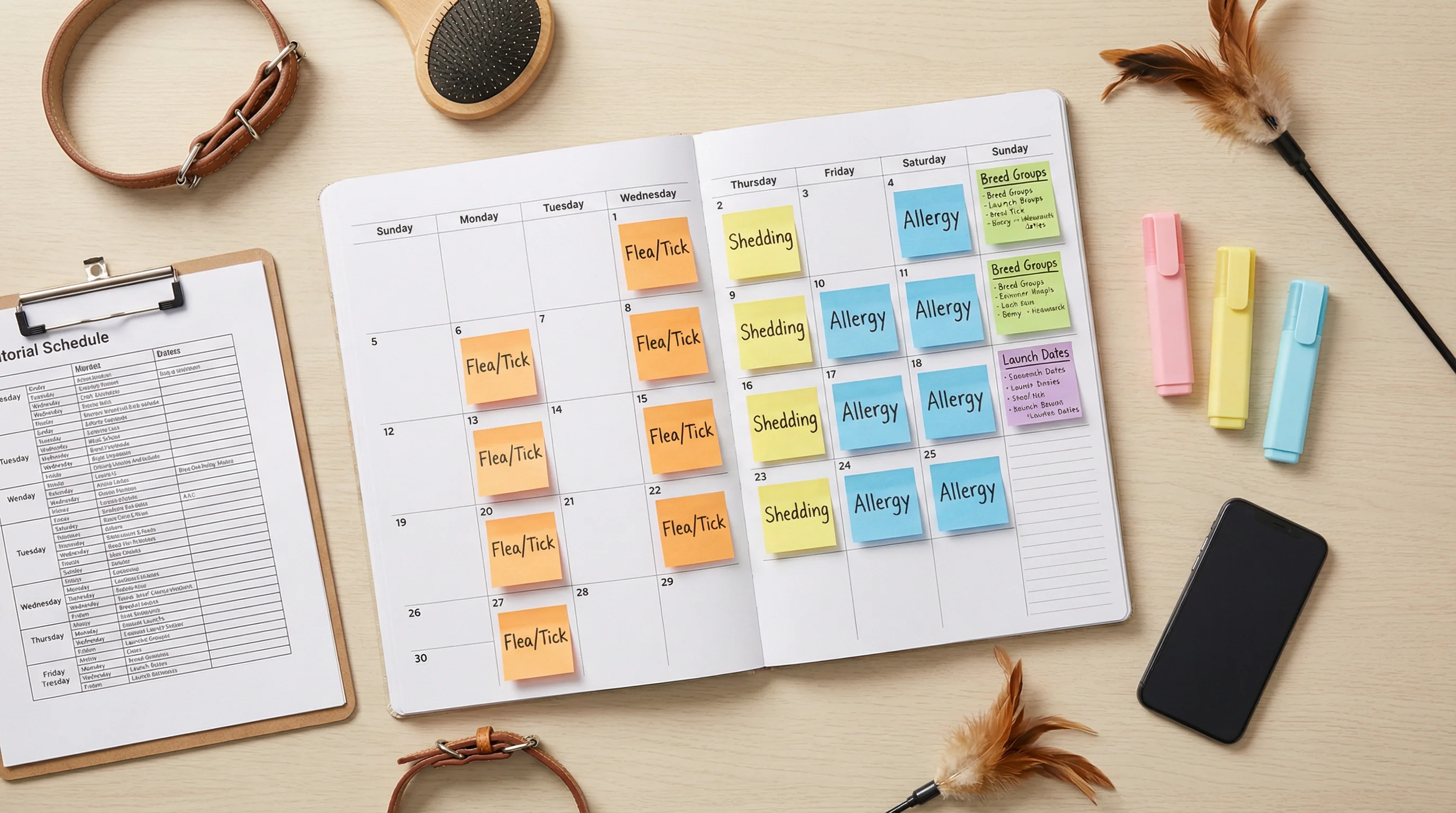 Top-down flat lay photo of a content planning desk for a pet brand: large monthly paper calendar with color‑coded sticky notes for seasons (flea/tick,