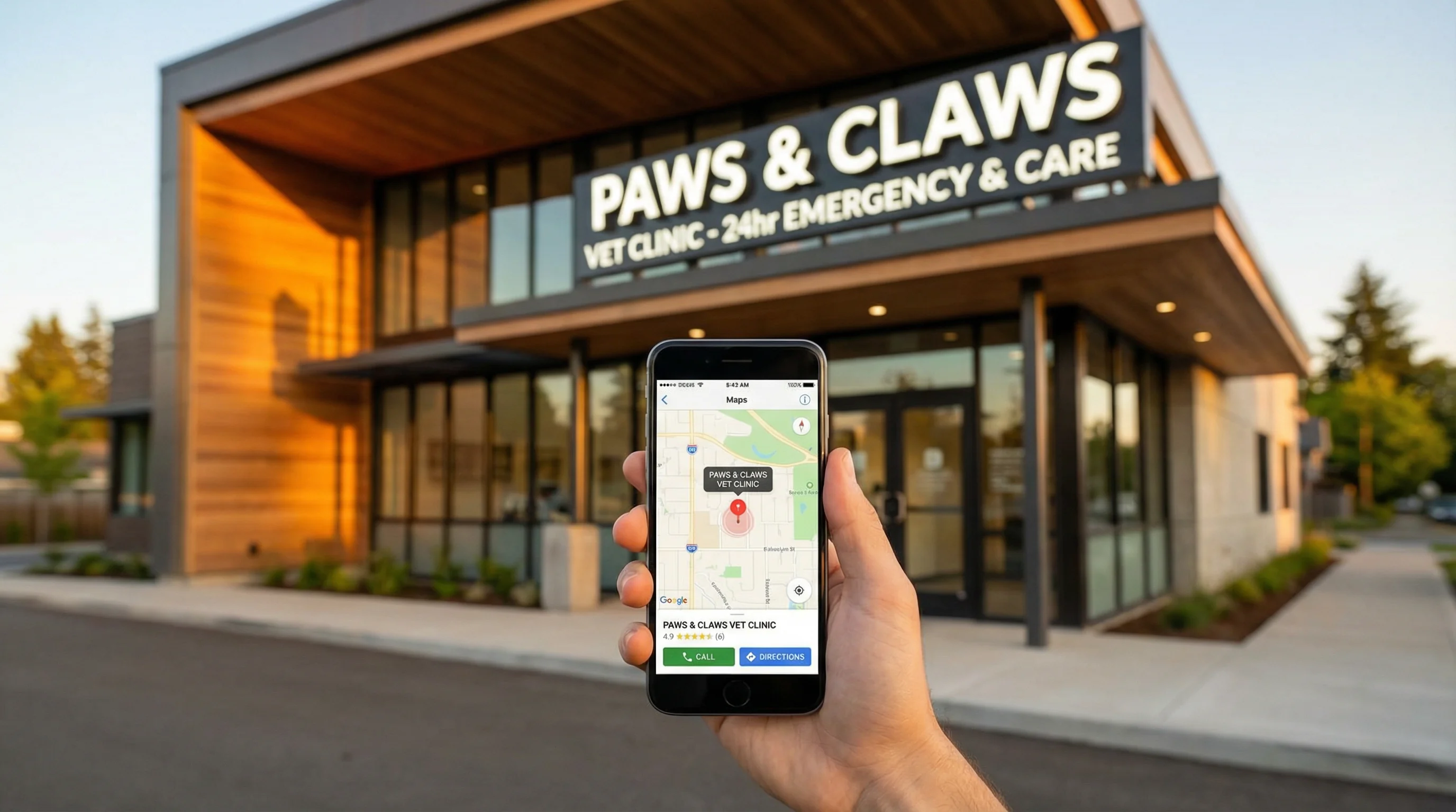 Exterior of a modern veterinary clinic with clear signage at golden hour. In the foreground, a hand holds a smartphone showing a maps app with the cli