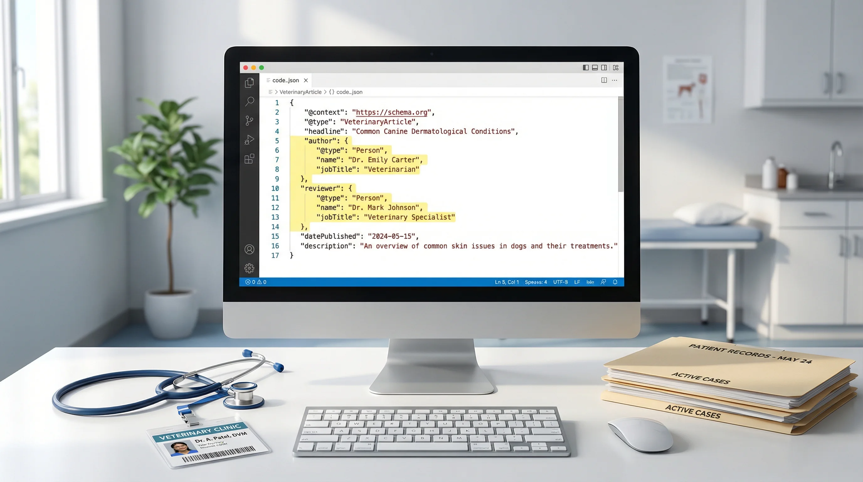 Clinic workstation scene: a desktop monitor displays structured data code (JSON-LD) for a veterinary article, with highlighted author and reviewer fie