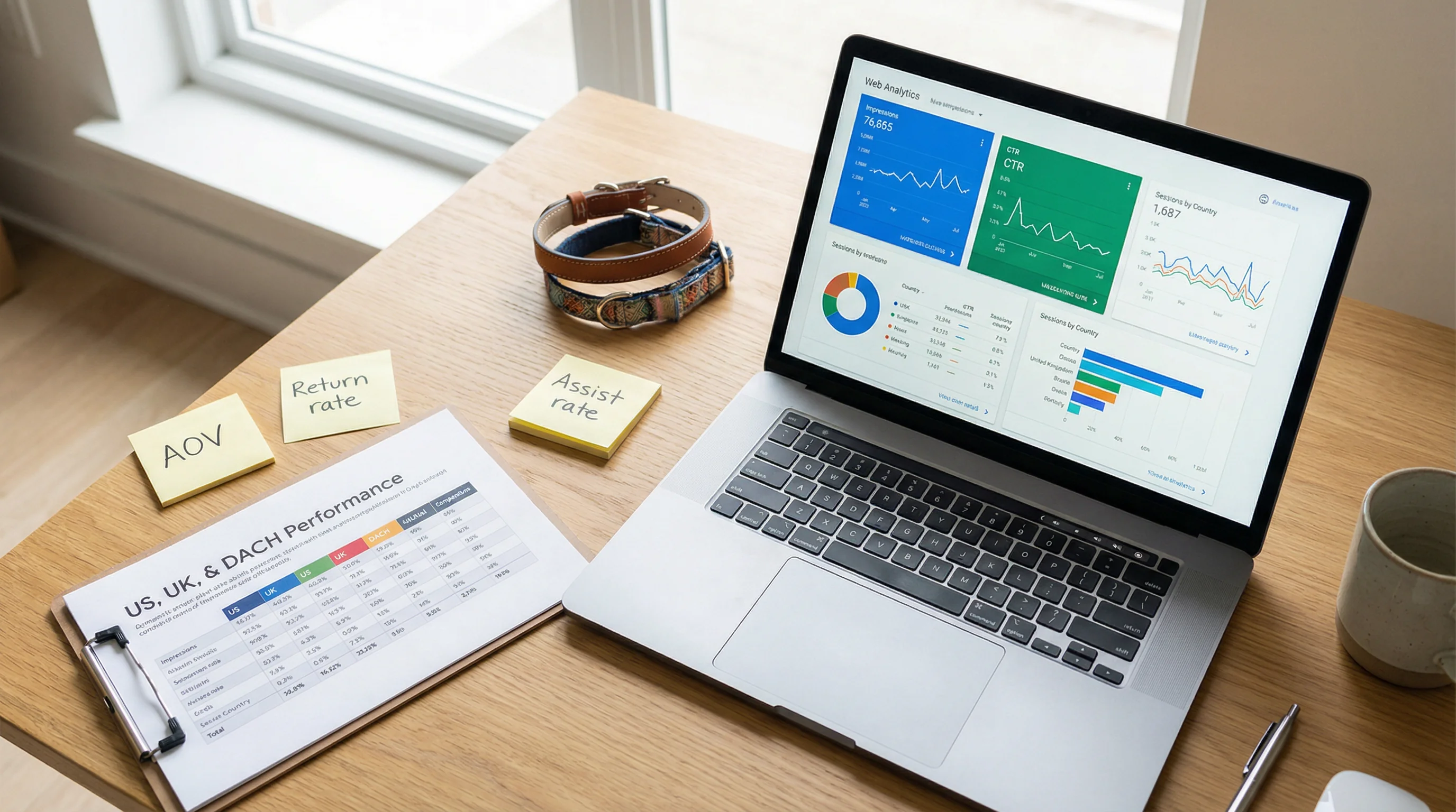 Angled overhead photograph of a tidy desk with a laptop displaying web analytics dashboards (impressions, CTR, sessions by country) and a printed comp