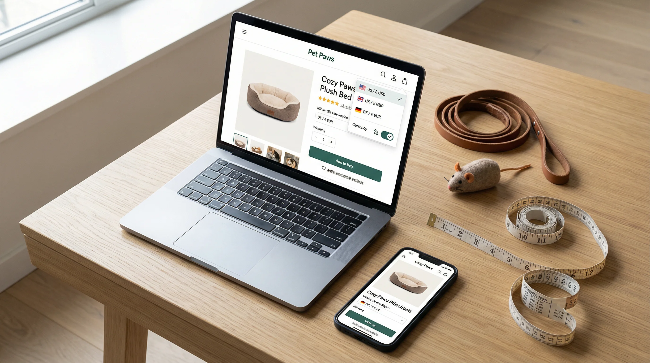 Overhead photograph of a modern workspace showing a laptop open to a pet e-commerce product page with a visible region selector (US, UK, DE) and curre