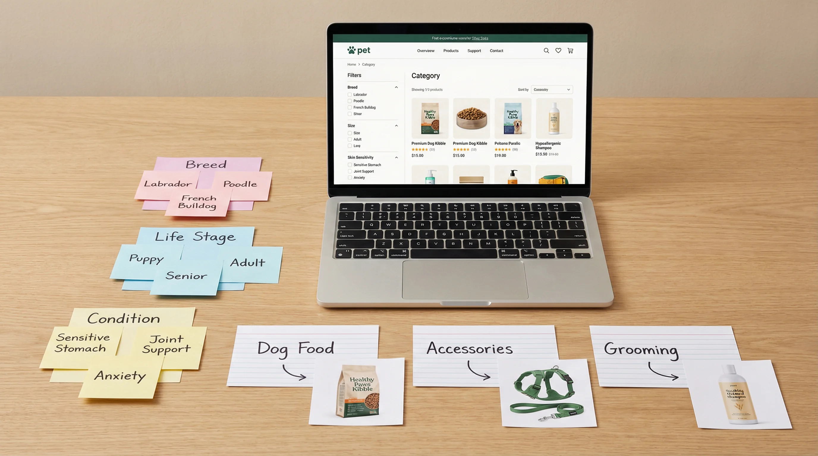 Overhead, editorial-style photo of a tidy workspace with color-coded sticky notes grouped into clusters labeled 'Breed', 'Life Stage', and 'Condition'