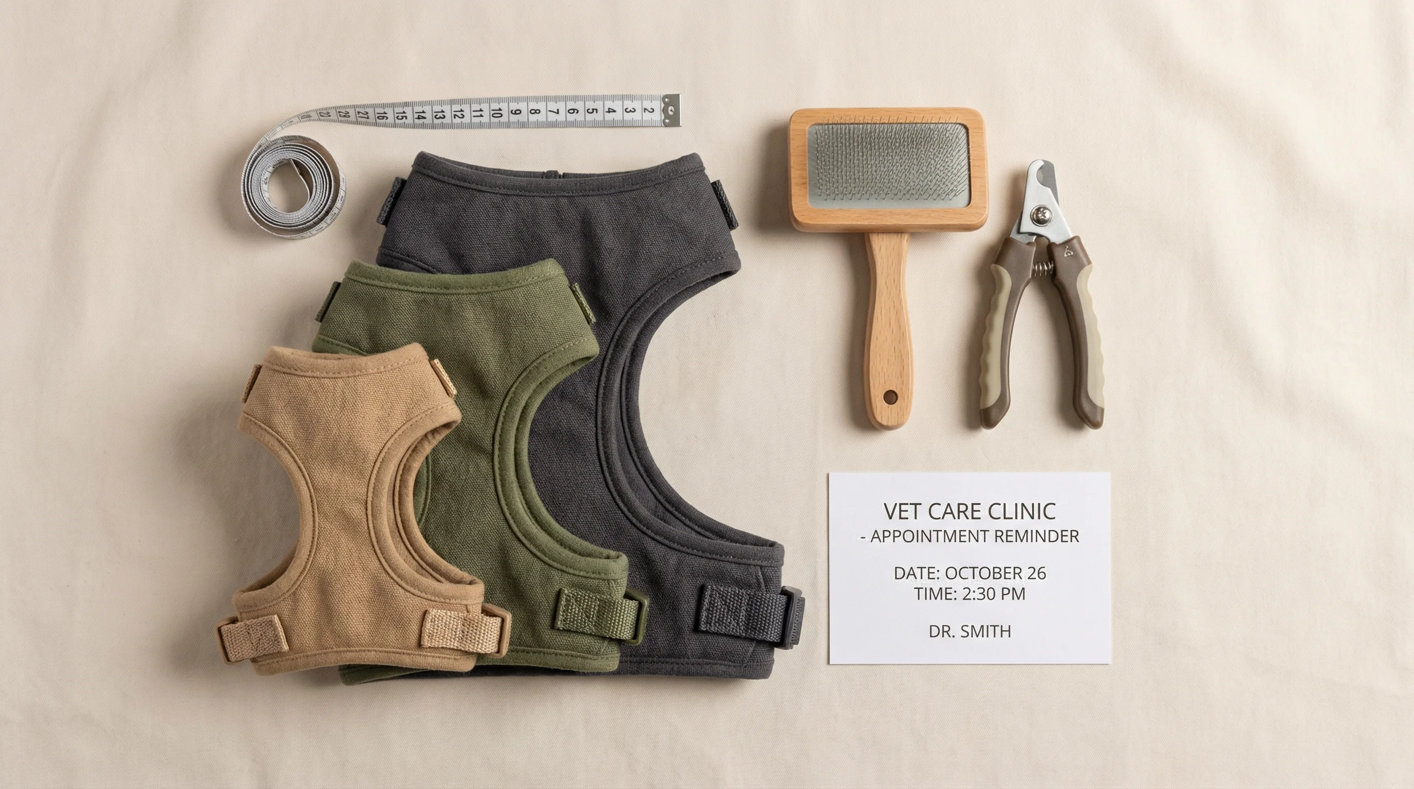 Flat lay on a light neutral backdrop featuring adjustable dog harnesses in multiple sizes with a measuring tape, a neatly arranged set of grooming too