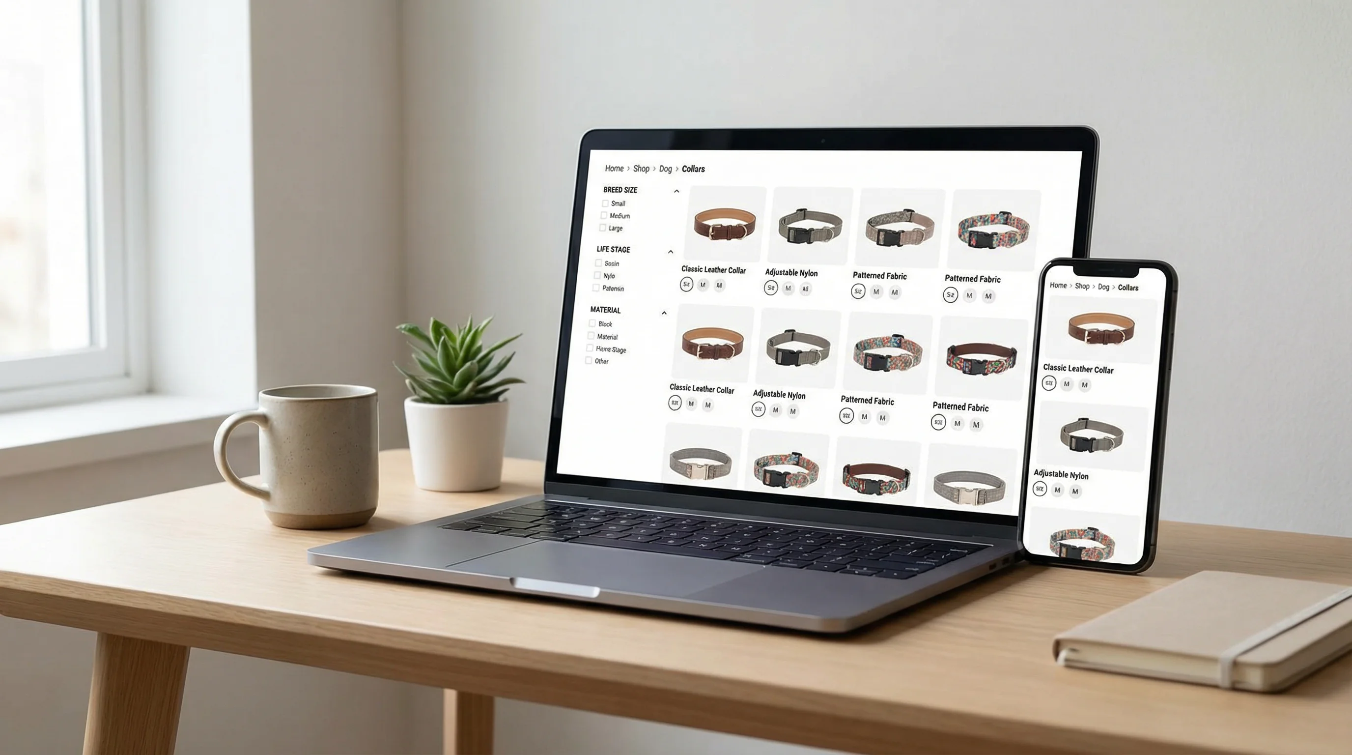 Modern workspace scene with an open laptop displaying a pet e‑commerce category page: breadcrumb navigation at top, left sidebar filters (breed, size,