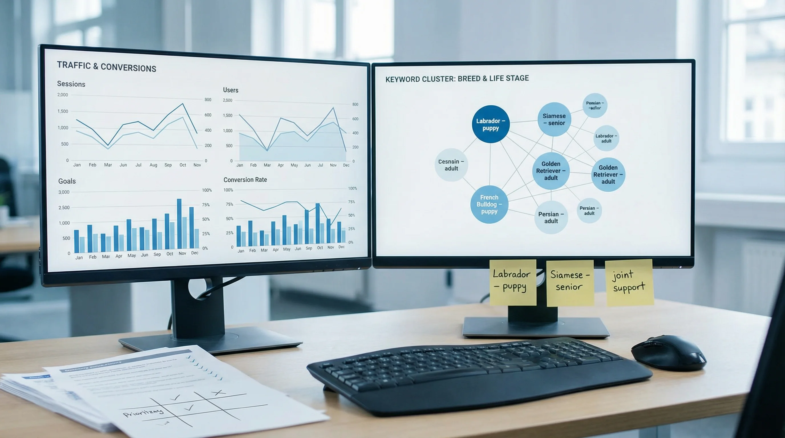 Photograph of a dual-monitor workstation showing generic analytics dashboards: one screen with line and bar charts for traffic and conversions, the ot