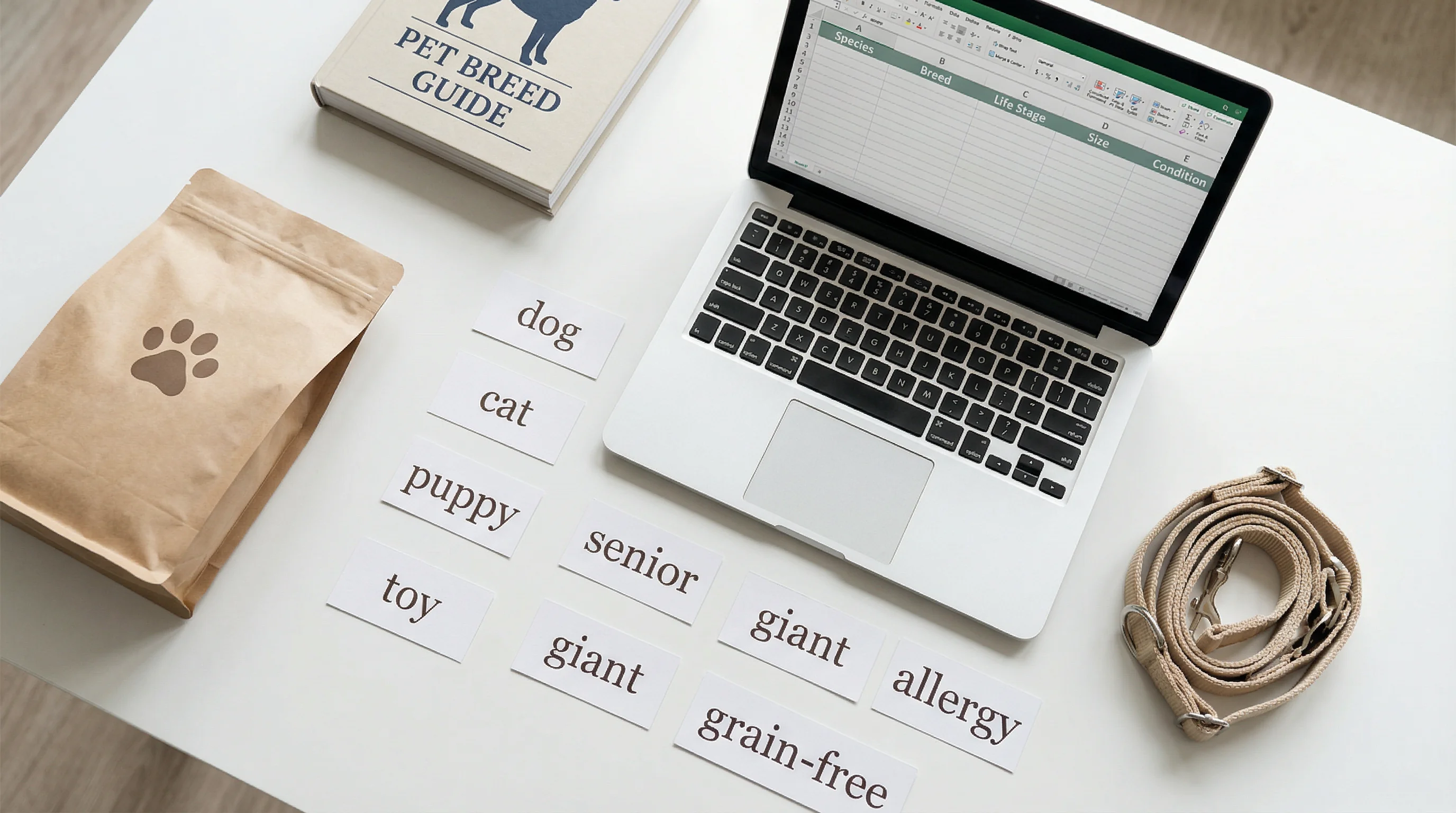 Overhead flat-lay photograph of a clean white desk featuring a laptop open to a generic spreadsheet of pet attributes (columns labeled Species, Breed,