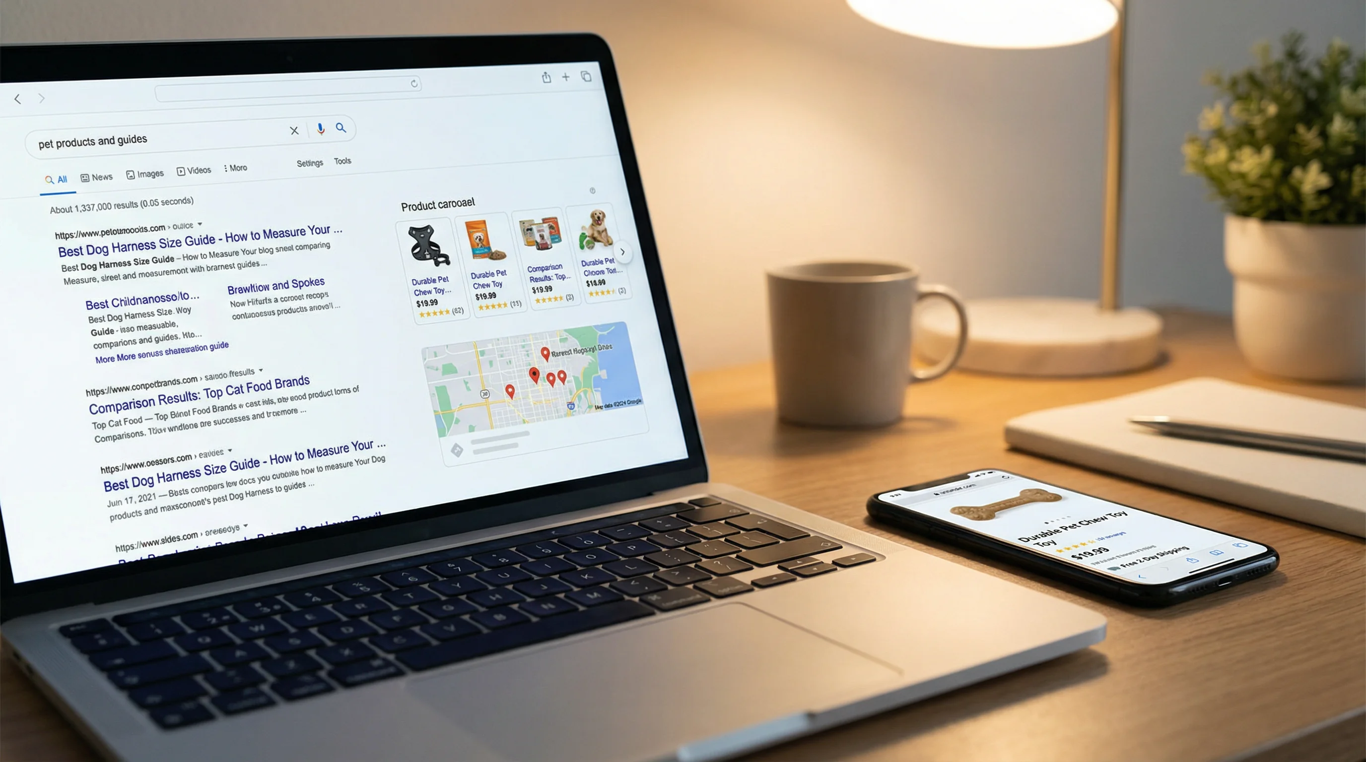 Close-up photograph of a laptop on a tidy desk displaying a generic search results page about pet products and guides (visible elements: results snipp
